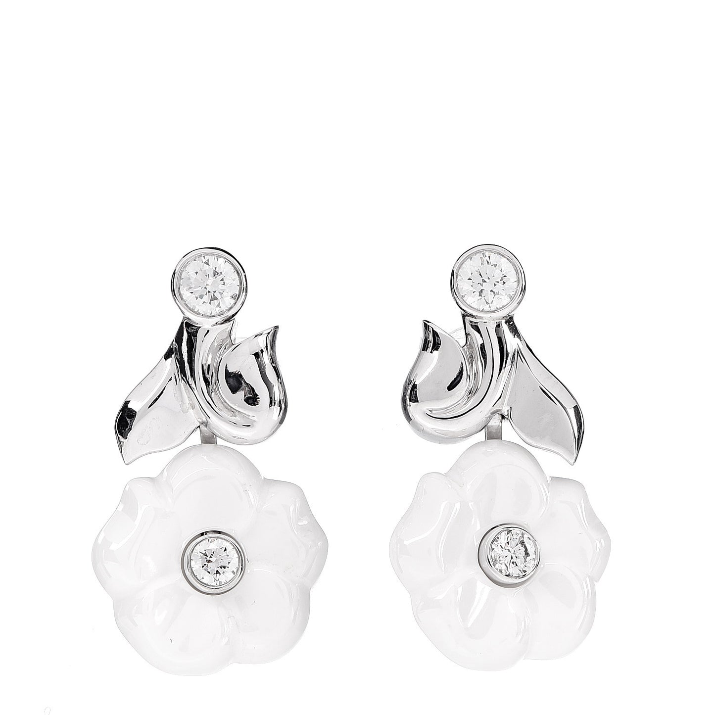 18K White Gold Diamond Ceramic Camellia Drop Earrings