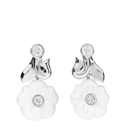 Chanel 18K White Gold Diamond Ceramic Camellia Drop Earrings 1 of 4