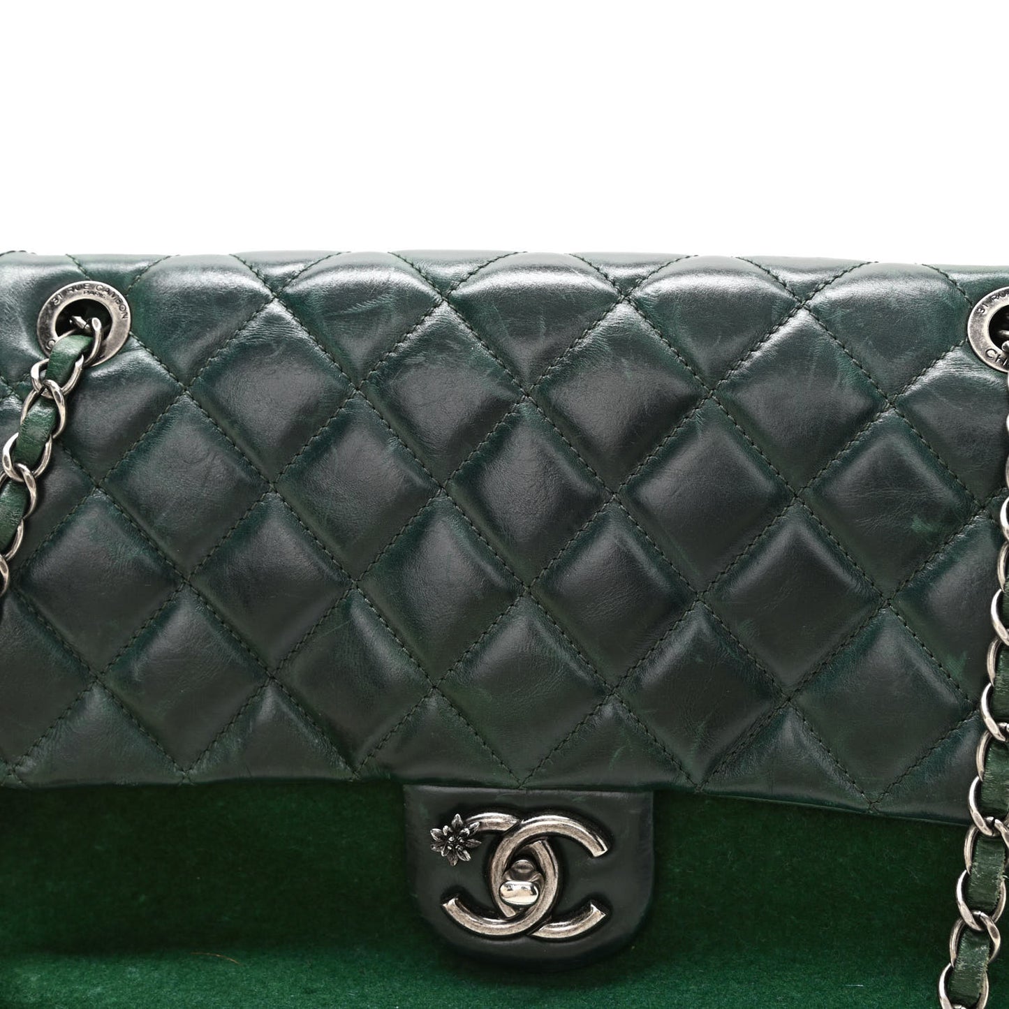 Felt Glazed Calfskin Quilted Edelweiss Flower Flap Dark Green