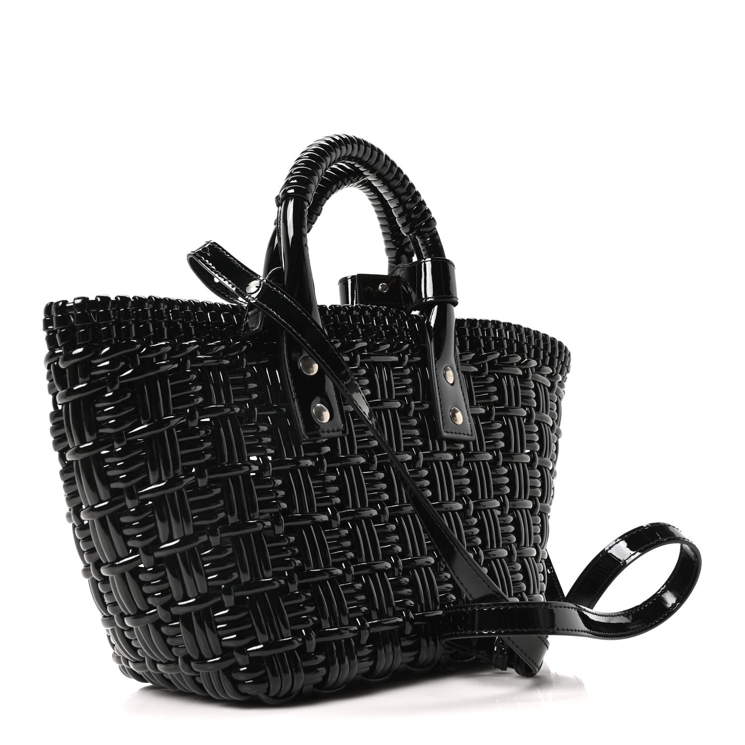 Balenciaga Varnished Faux Calfskin Braided XS Bistro Basket Black 3 of 9