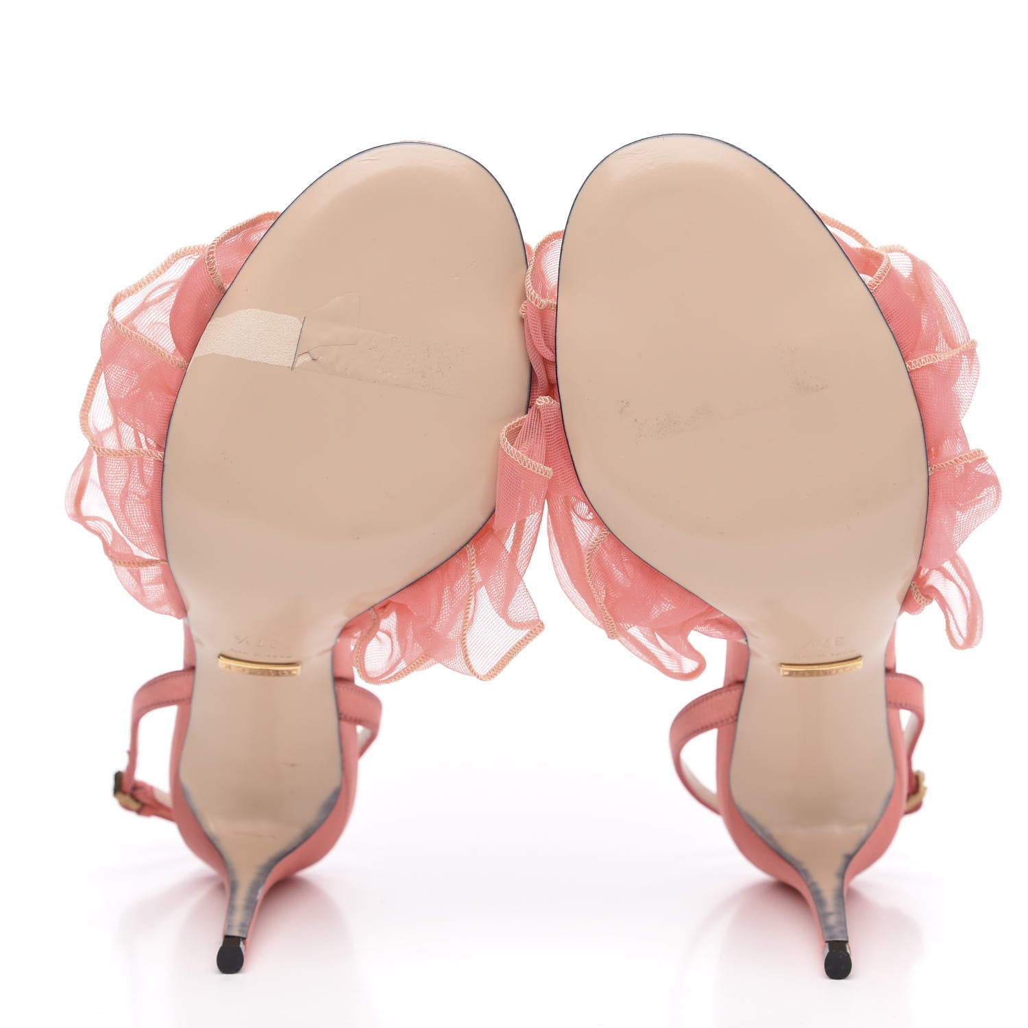 Gucci Tulle Ruffle Mid Heel Slingback Sandals 37.5 Peach White 5 of 13