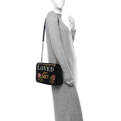 Gucci Velvet Matelasse Loved Embroidered Medium GG Marmont Shoulder Bag Black 2 of 10