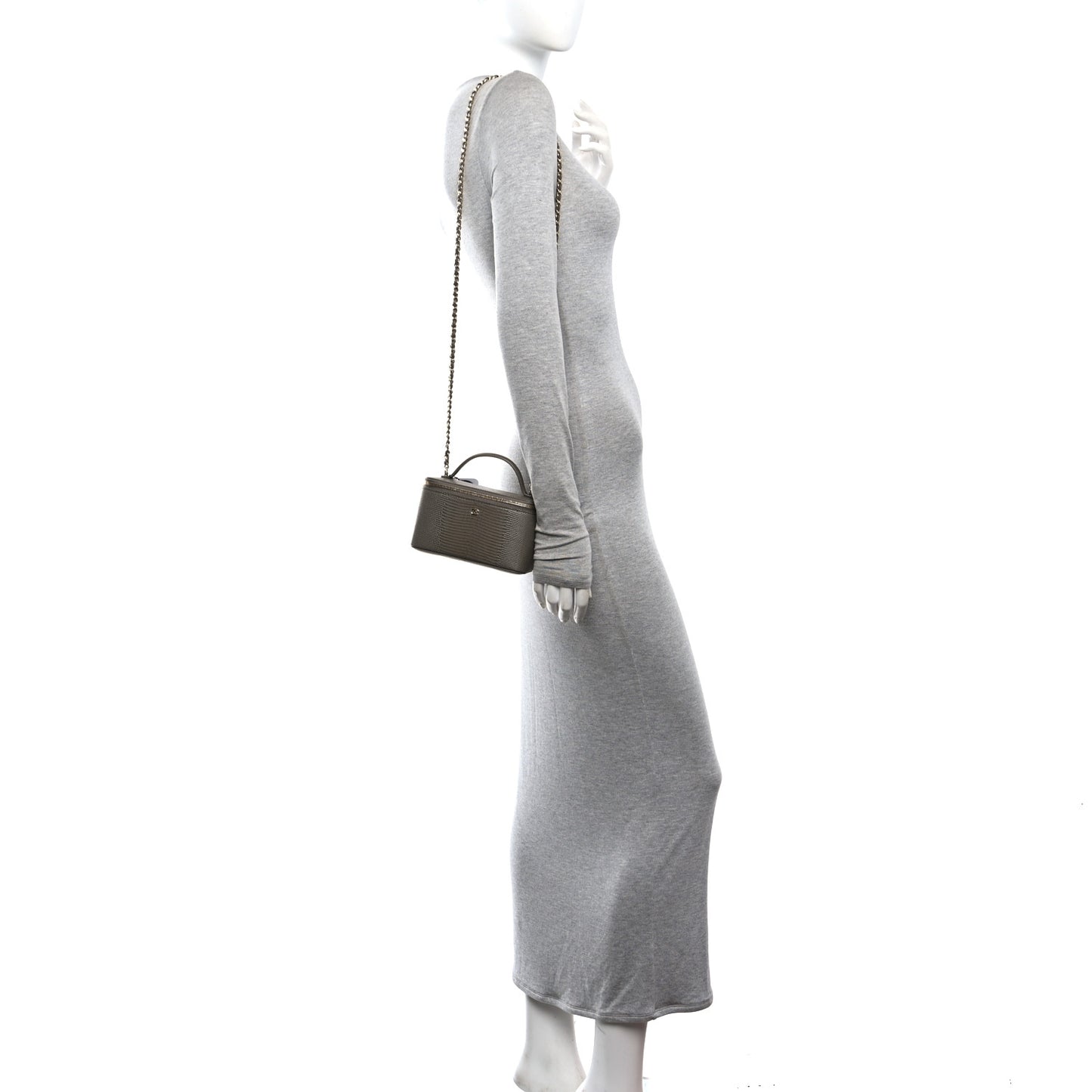 Calfskin Lizard Embossed Top Handle Vanity With Chain Dark Khaki