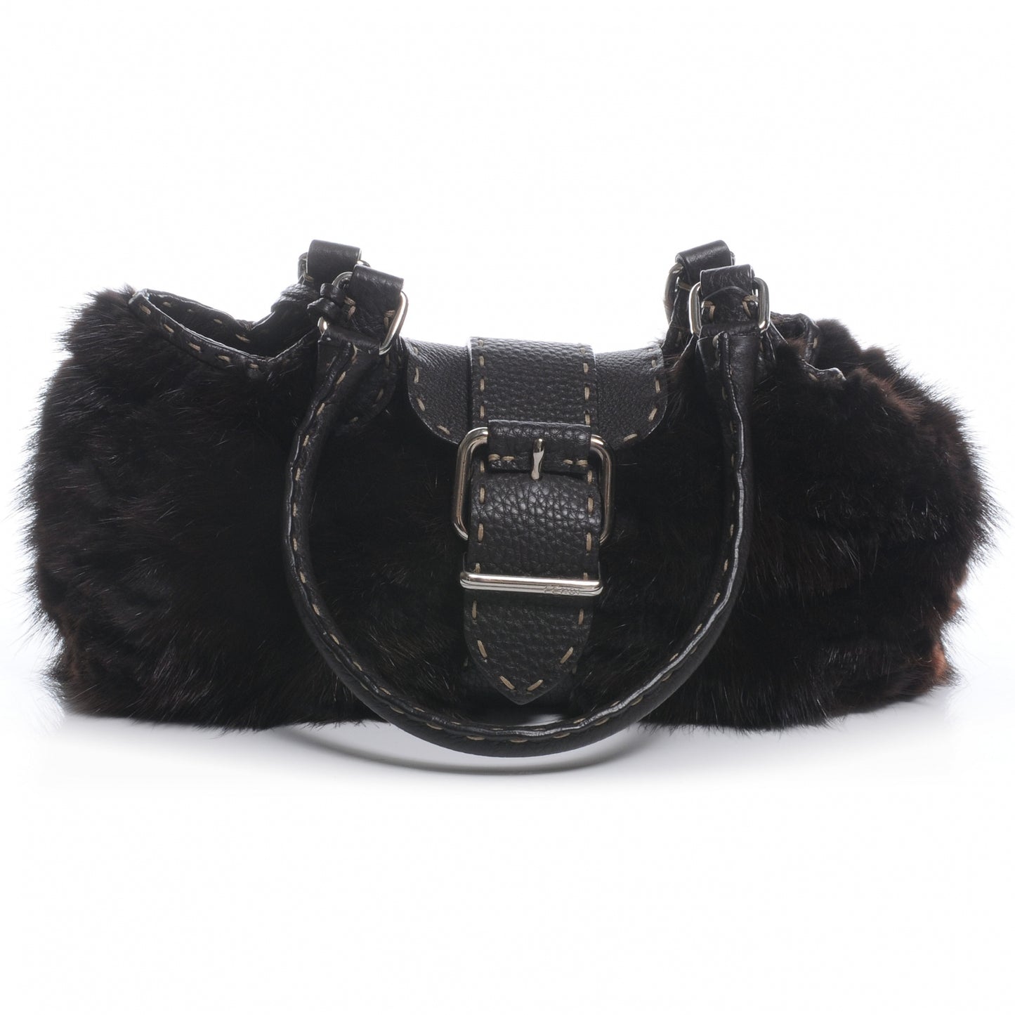 Mink Fur Calfskin Romano Selleria Shoulder Bag Brown