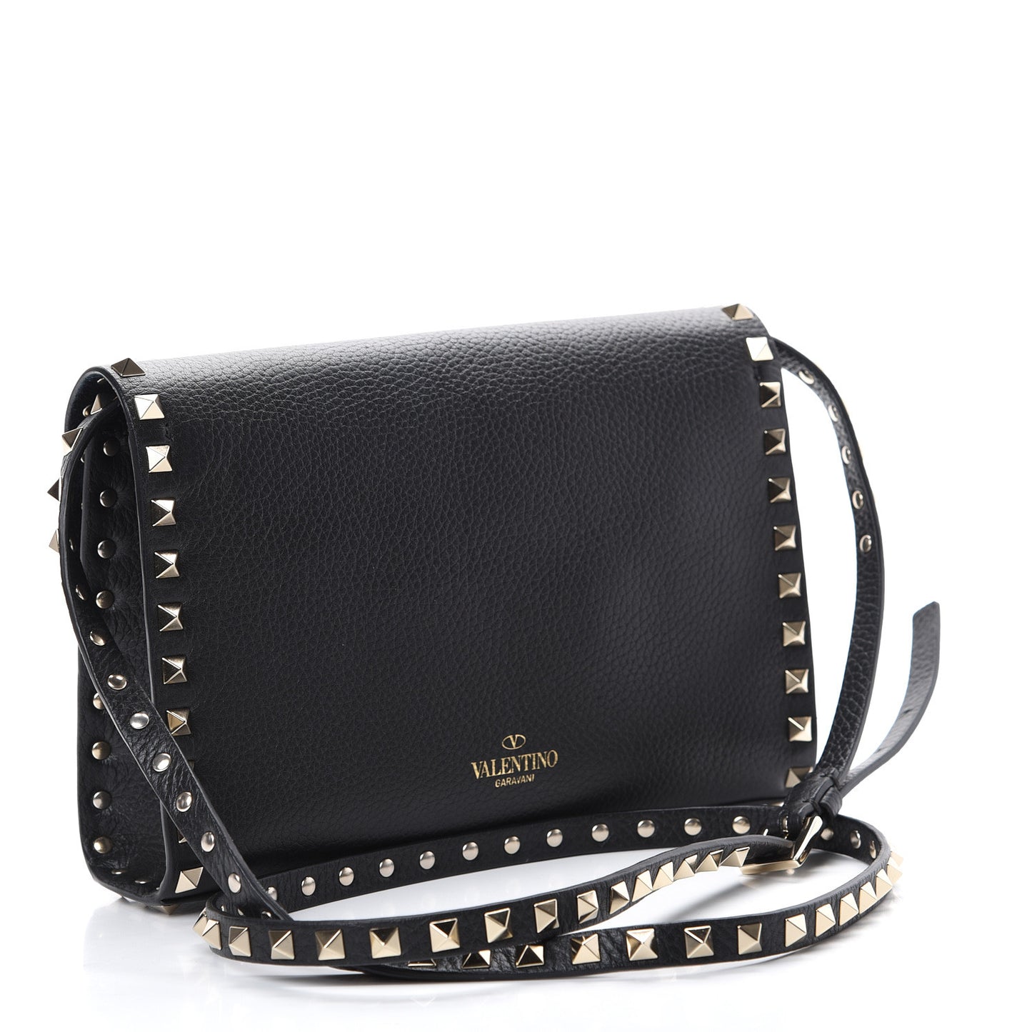 Pebbled Calfskin Medium Rockstud Flip Lock Crossbody Bag Black