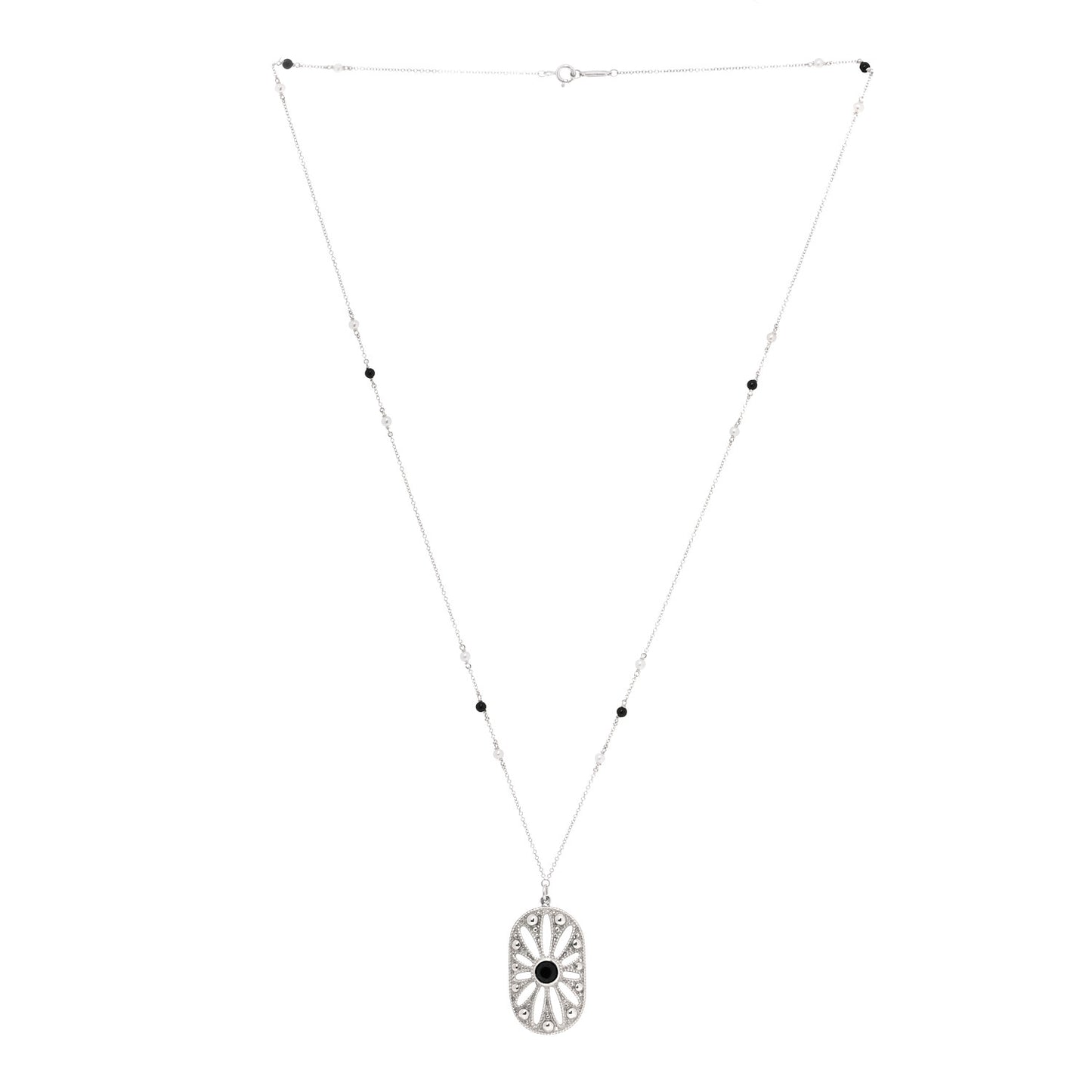 Sterling Silver Black Onyx Pearl Ziegfeld Daisy Pendant Necklace