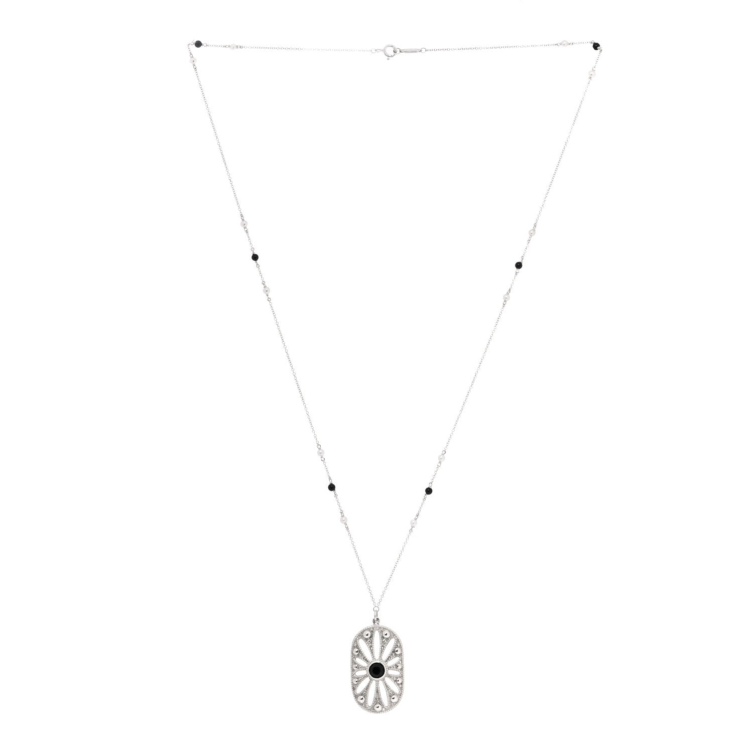 Tiffany Sterling Silver Black Onyx Pearl Ziegfeld Daisy Pendant Necklace 3 of 6