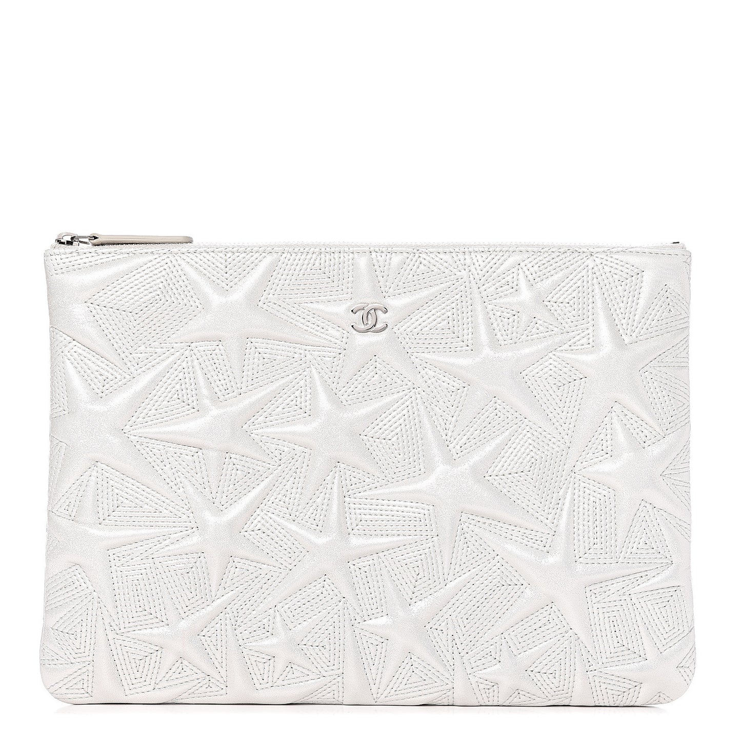 Metallic Lambskin Star Embossed Medium Cosmetic Pouch Light Silver