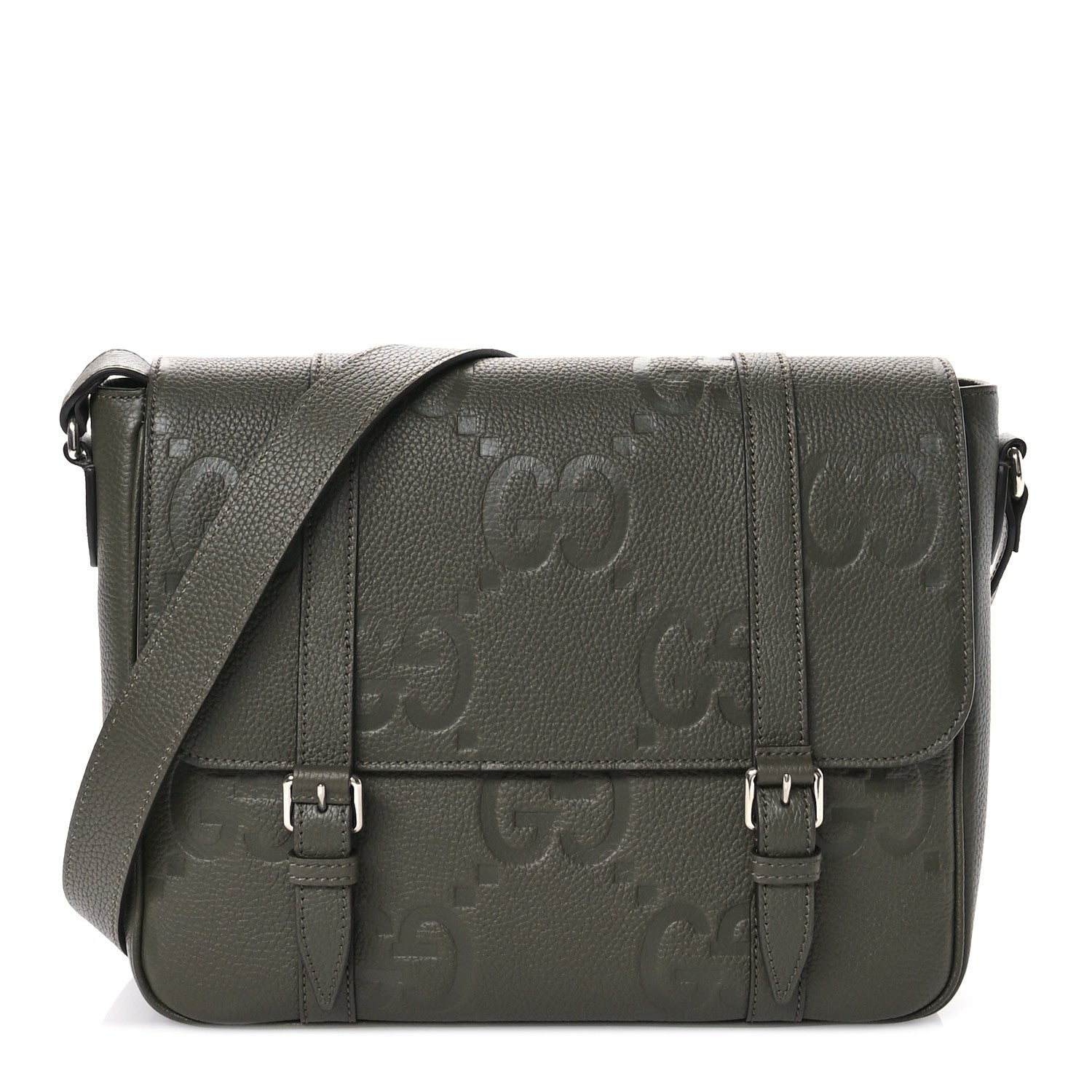 Gucci Calfskin Jumbo GG Embossed Double Buckle Medium Messenger Bag Dark Vintage Olive 1 of 11