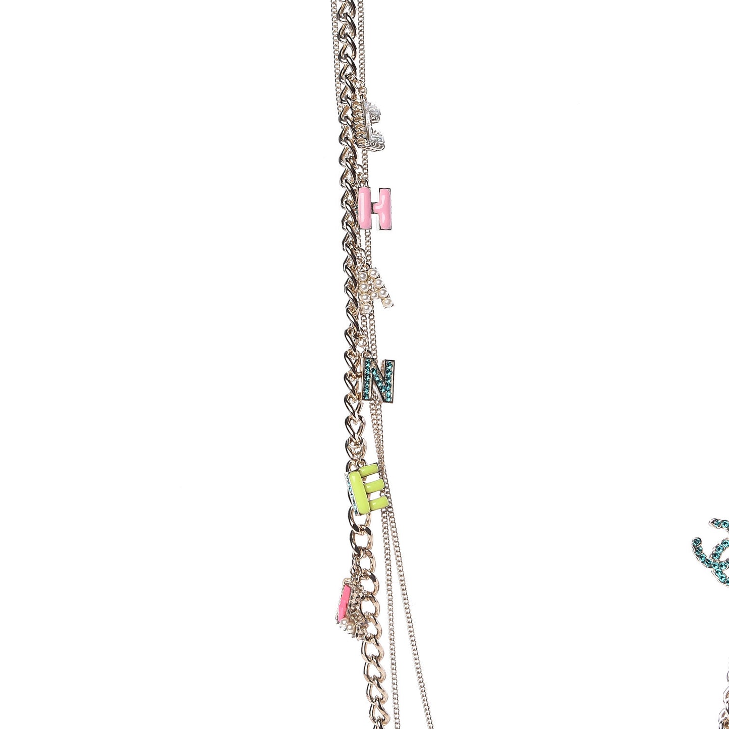 Crystal Enamel Pearl CC Logo Chain Long Necklace Gold Multicolor