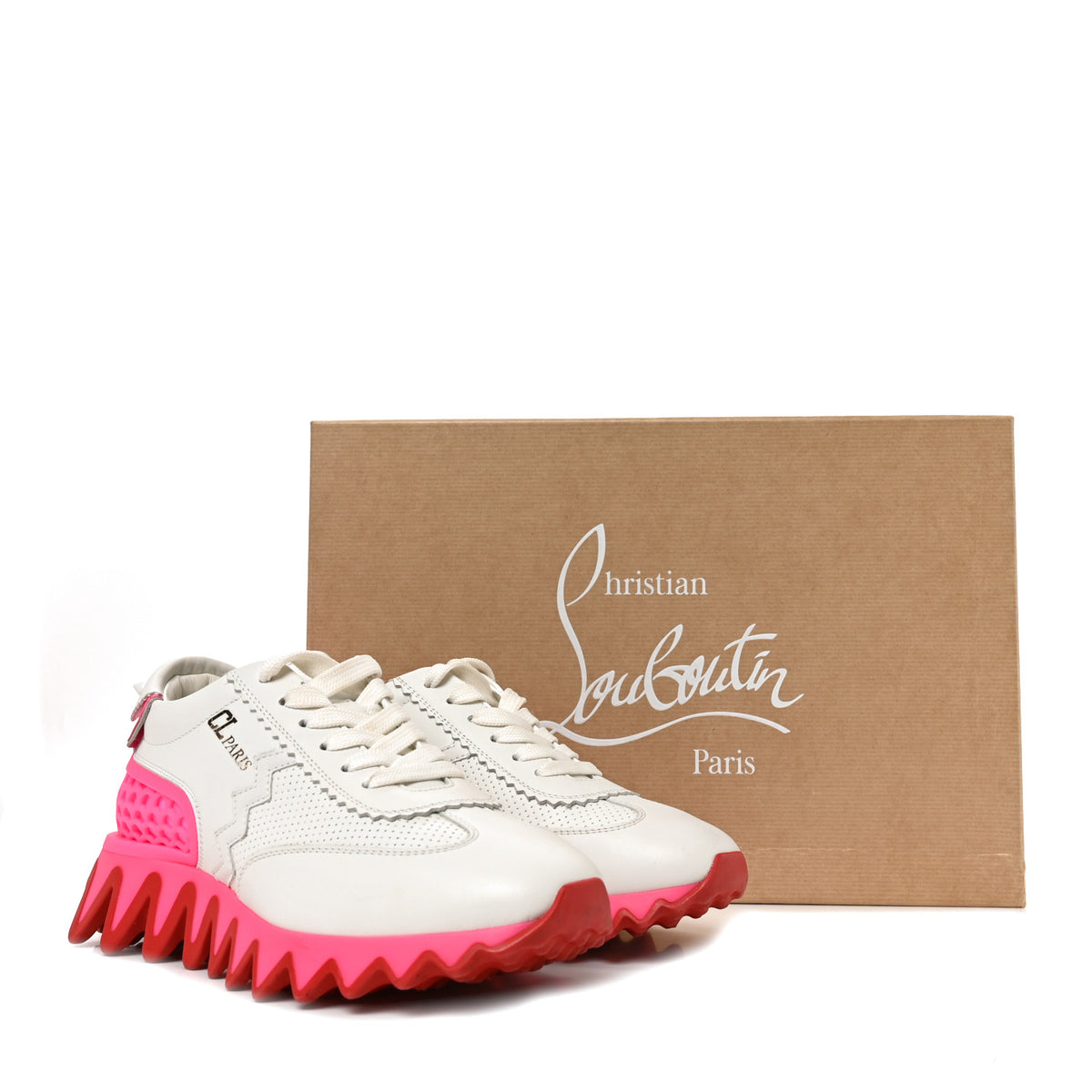 Christian Louboutin Calfskin Neoprene Womens Loubishark Sneakers 36 White Fluo Pink 10 of 10