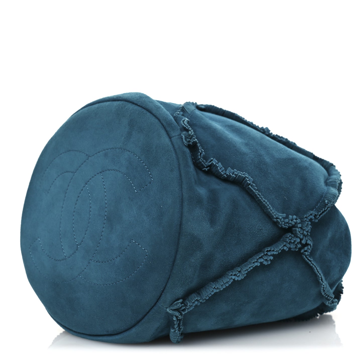Suede Quilted Fringe CC Chain Bucket Drawstring Bag Blue