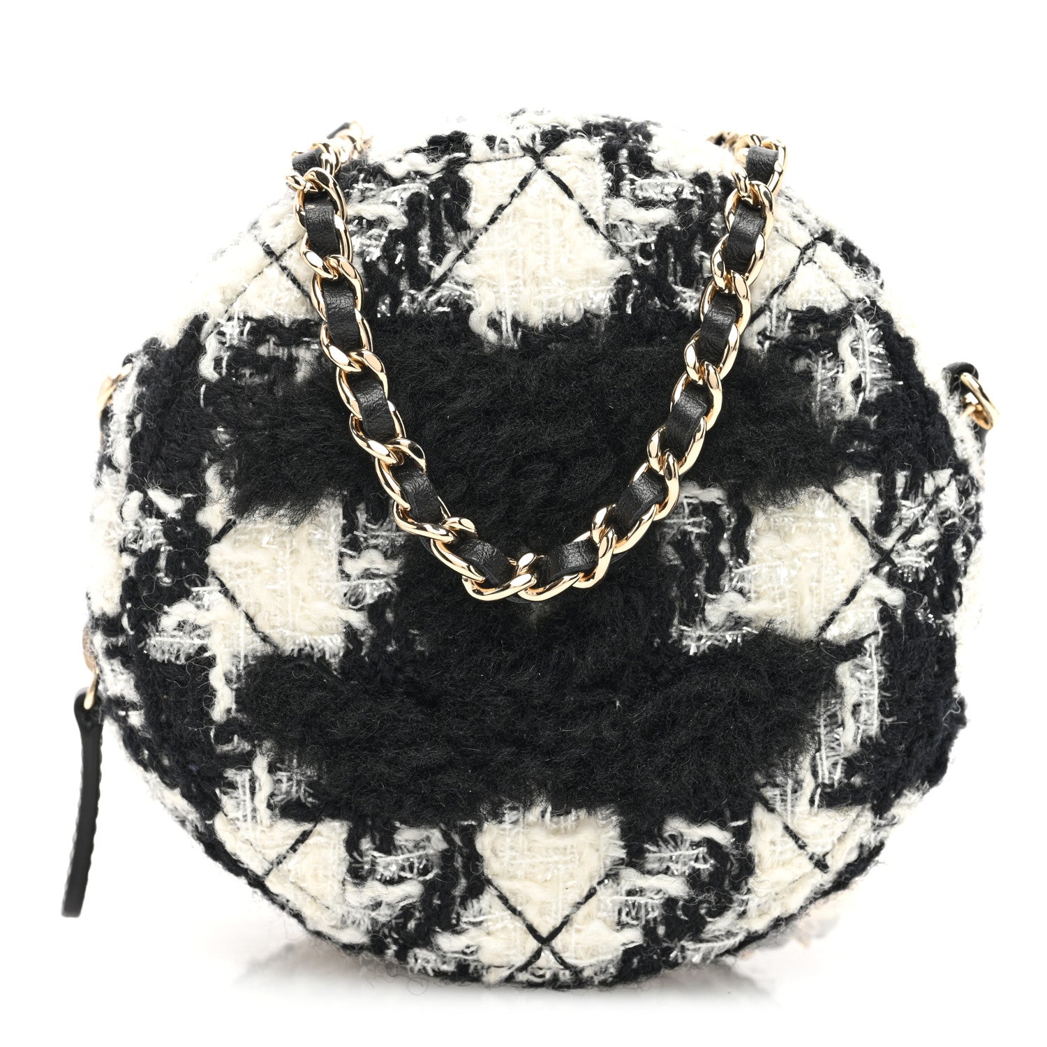 Chanel Wool Tweed Lambskin Quilted Round Clutch With Chain and Coin Purse Black White 1 of 12