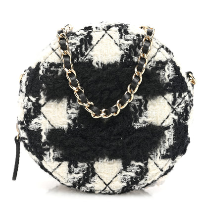 Chanel Wool Tweed Lambskin Quilted Round Clutch With Chain and Coin Purse Black White 1 of 12
