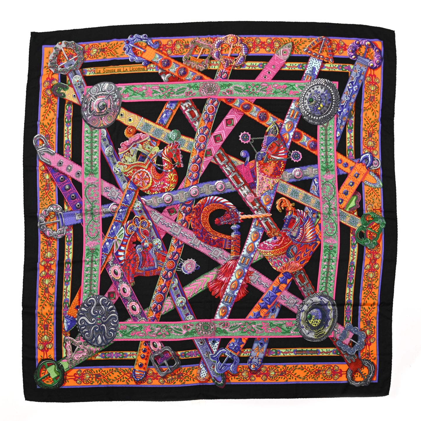 Cashmere Silk Le Songe De La Licorne Shawl 140 Black Orange Rouge Vif