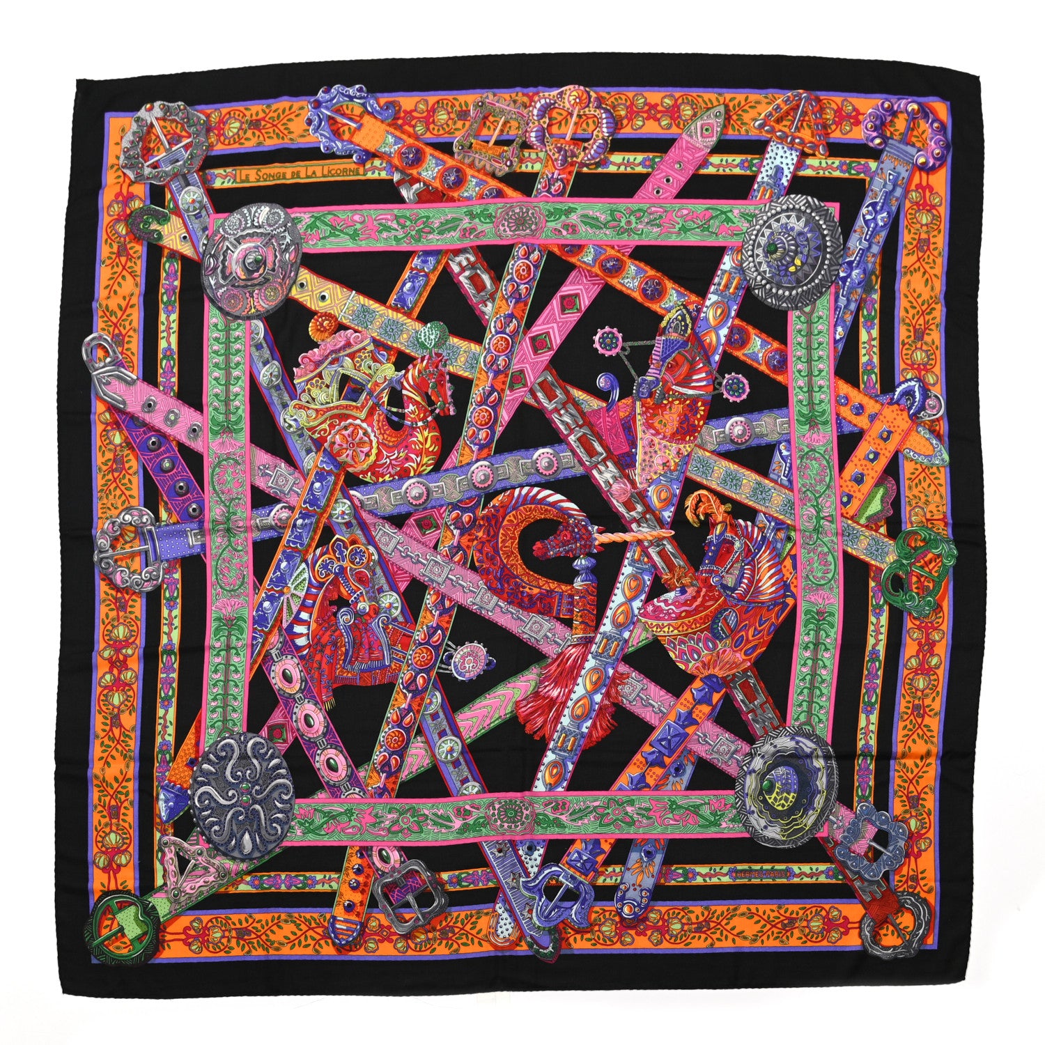 Hermes Cashmere Silk Le Songe De La Licorne Shawl 140 Black Orange Rouge Vif 1 of 6