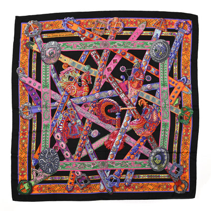 Hermes Cashmere Silk Le Songe De La Licorne Shawl 140 Black Orange Rouge Vif 1 of 6