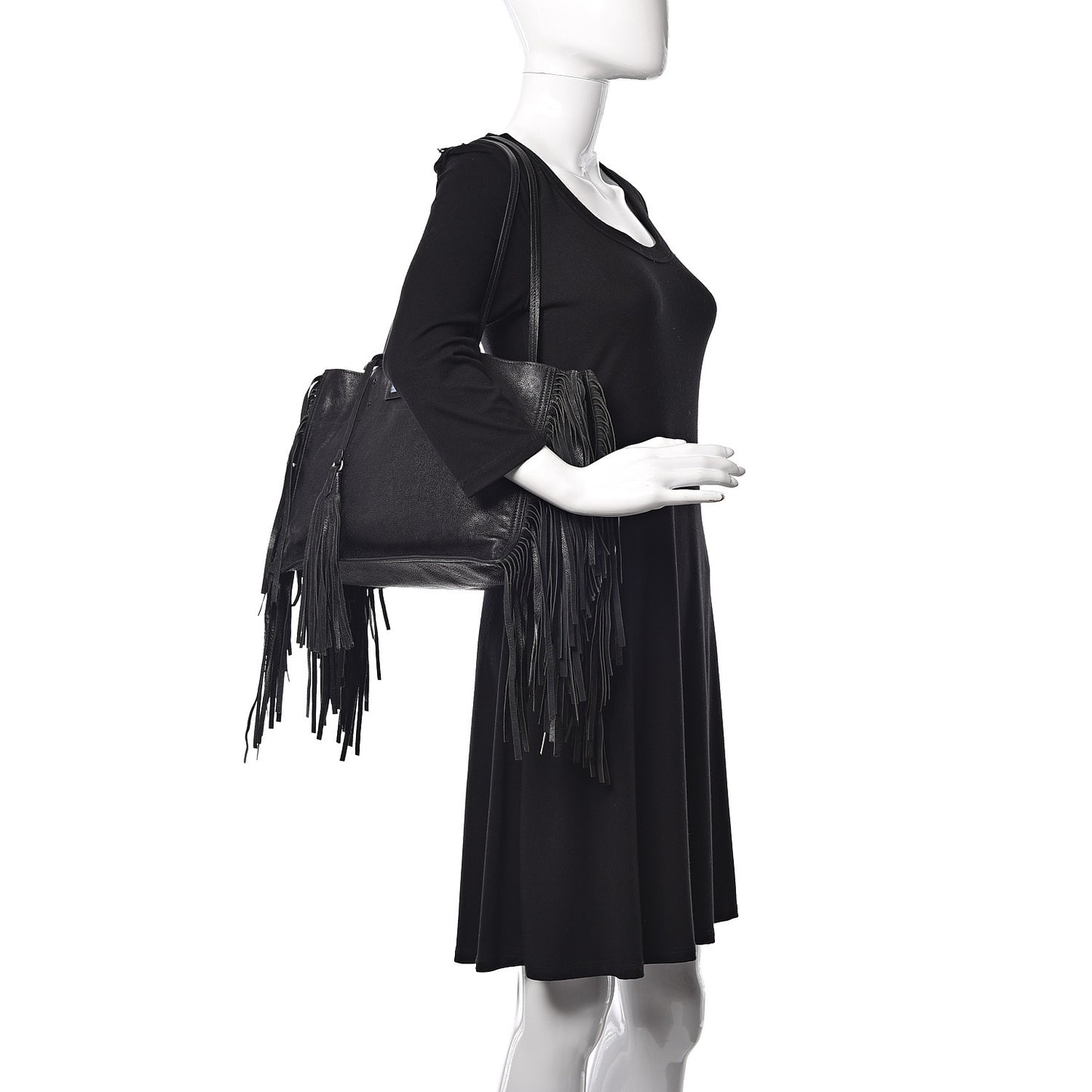 Glace Calfskin Etiquette Fringe Shoulder Bag Black Astrale