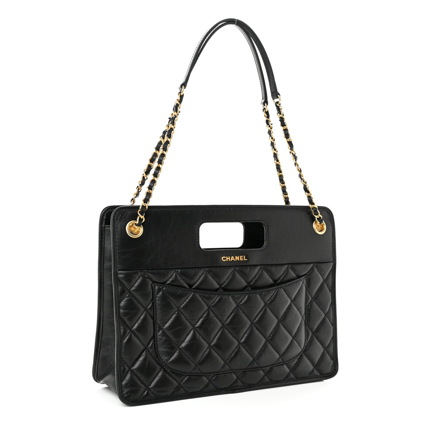 Aged Calfskin Quilted Graphic Catch Shopping Bag Black