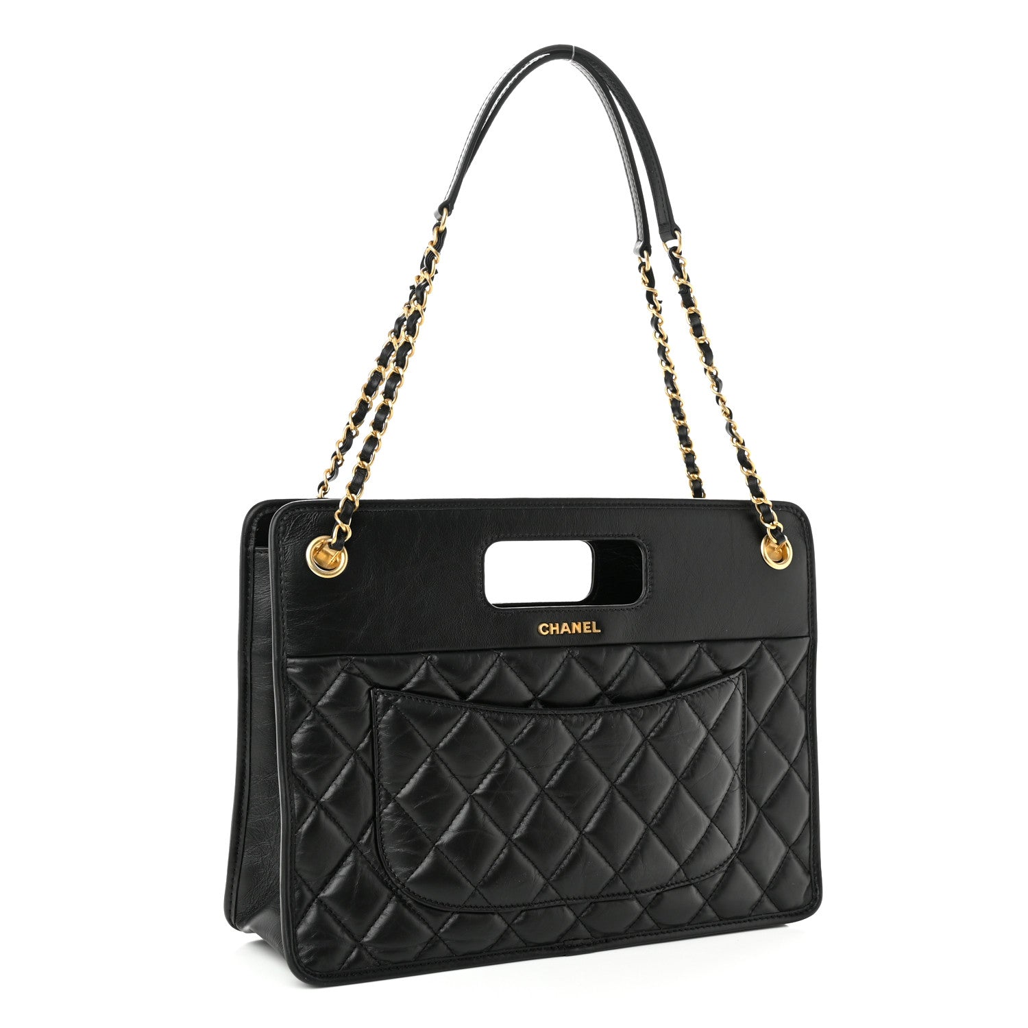 Chanel Aged Calfskin Quilted Graphic Catch Shopping Bag Black 2 of 9