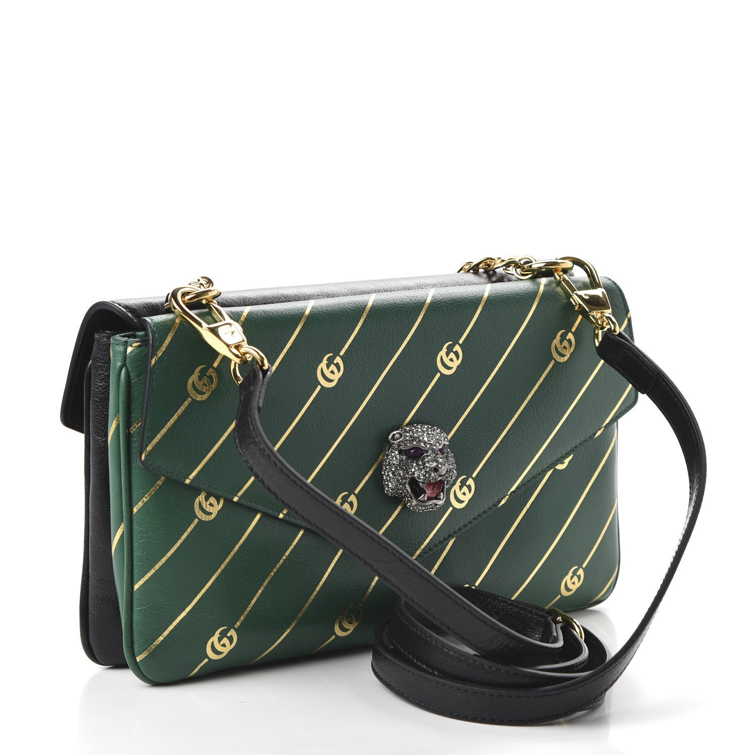 Gucci Calfskin Diagonal GG Medium Thiara Double Envelope Shoulder Bag Emerald Green Black 3 of 10