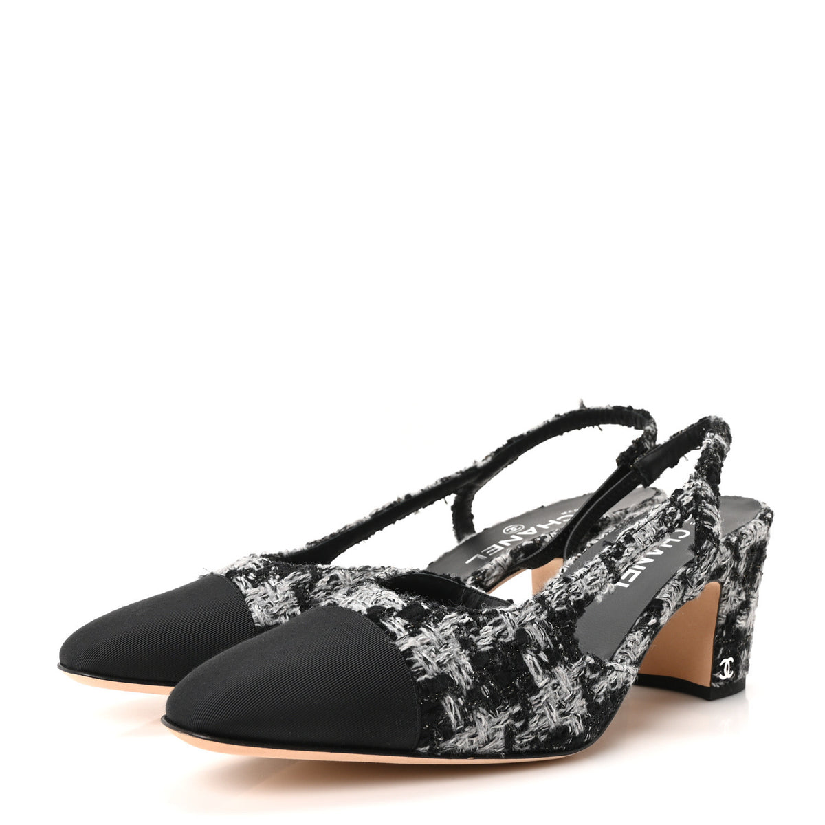 Chanel Tweed Grosgrain Cap Toe CC Slingback Pumps 41.5 Black Grey 4 of 10