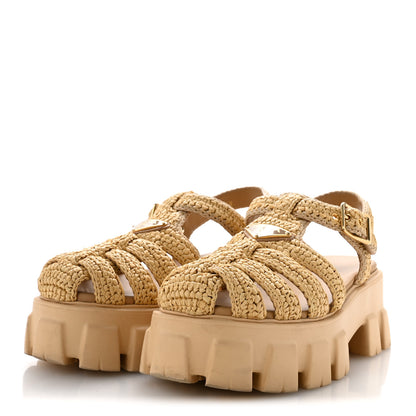 Prada Yarn Raffia Effect Metal Triangle Logo Crochet Monolith 55mm Cage Sandals 38 Naturale 4 of 9