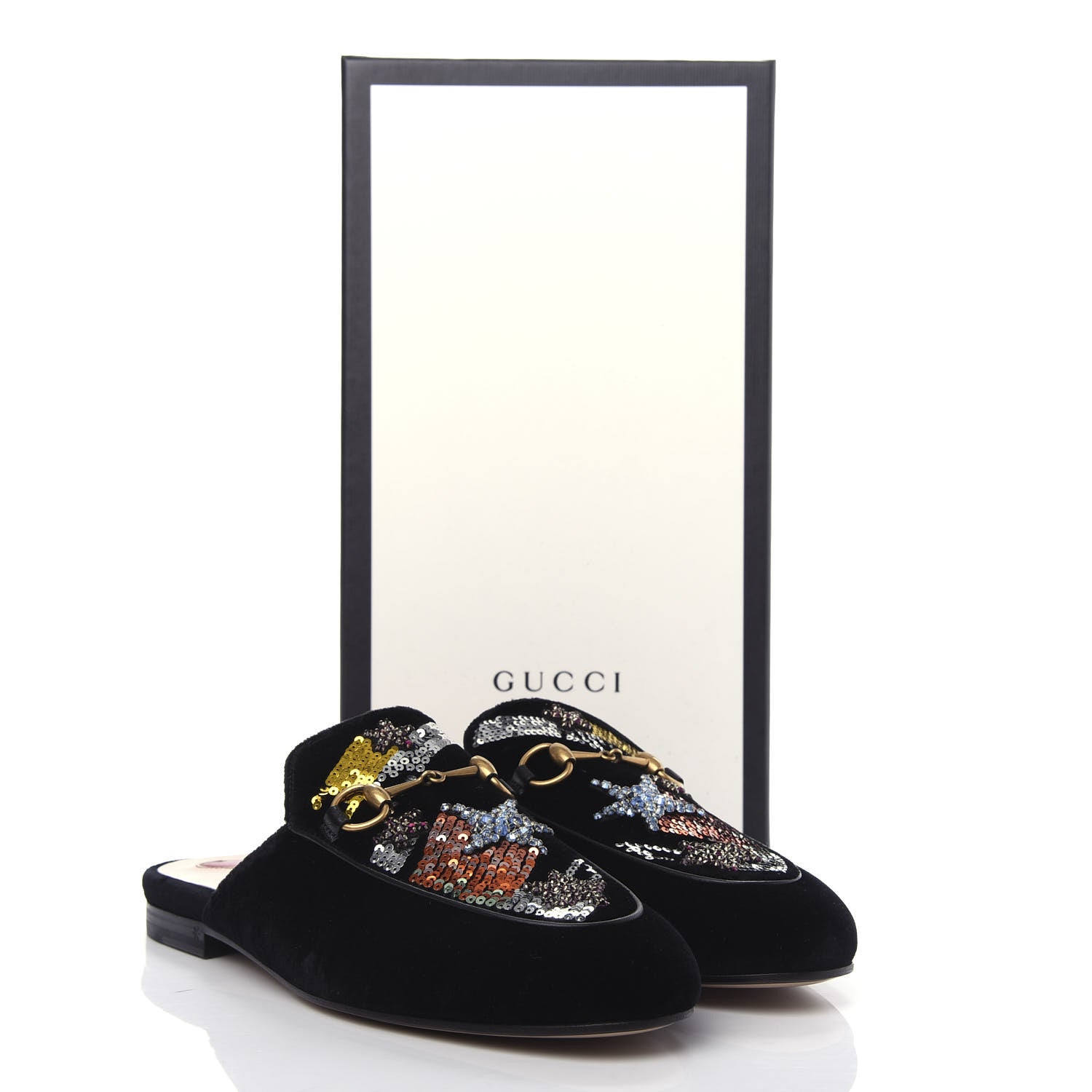 Gucci Velvet Star Embroidered Womens Princetown Slippers 38.5 Black 11 of 11
