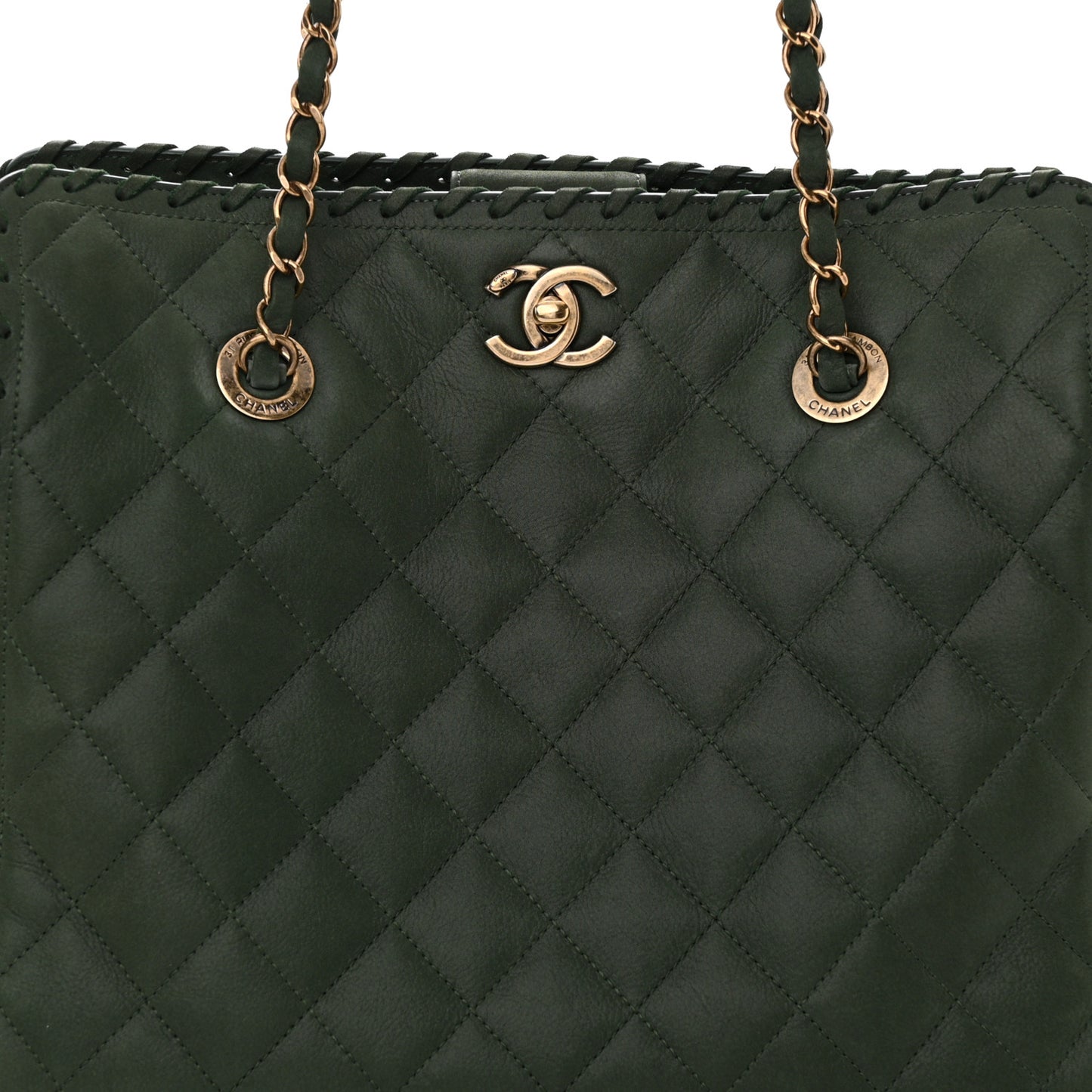 Calfskin Quilted Whipstich Shopping Tote Green