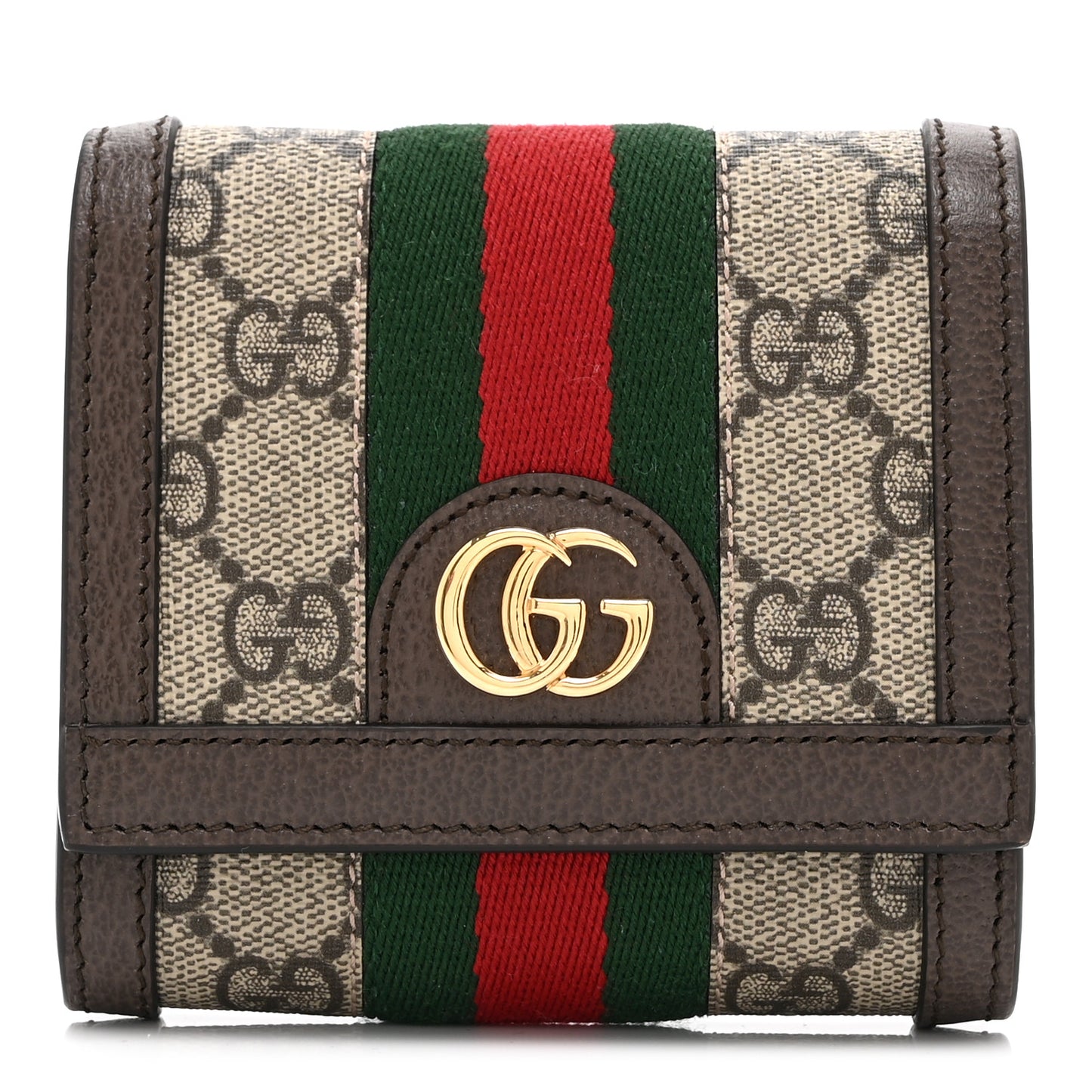 GG Supreme Monogram Textured Calfskin Web Ophidia Card Case Wallet Beige Ebony New Acero