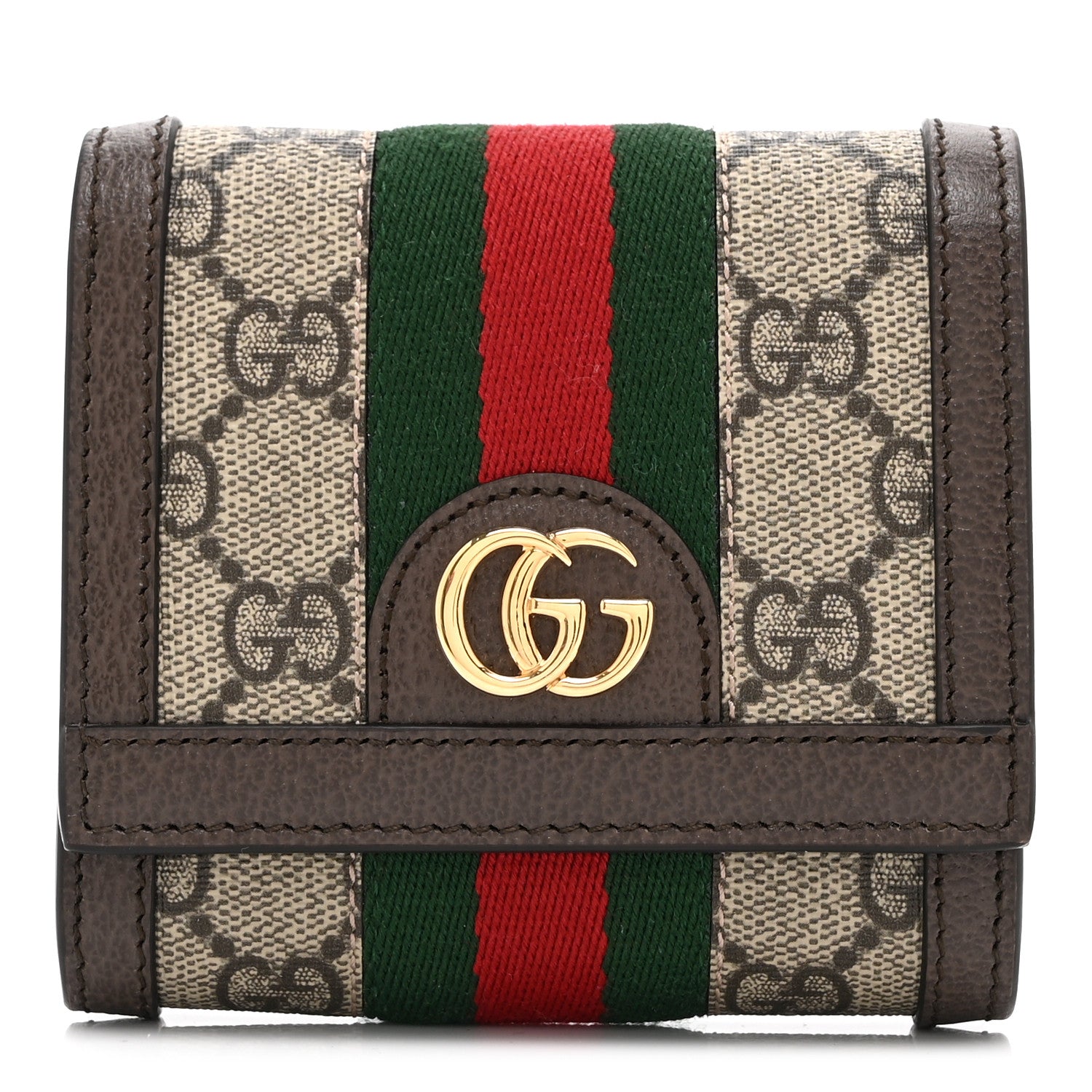 Gucci GG Supreme Monogram Textured Calfskin Web Ophidia Card Case Wallet Beige Ebony New Acero 1 of 9