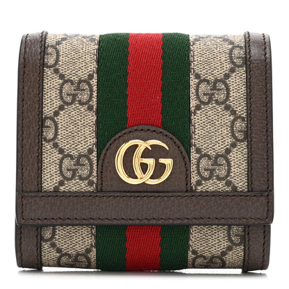 Gucci GG Supreme Monogram Textured Calfskin Web Ophidia Card Case Wallet Beige Ebony New Acero 1 of 9