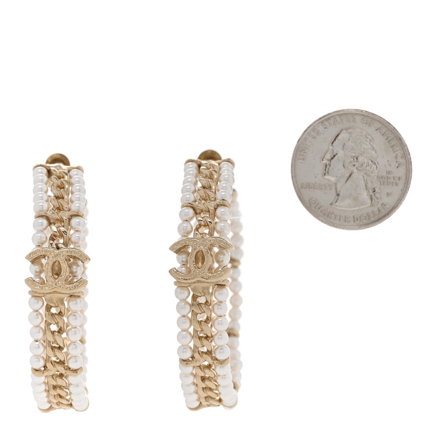 Chanel Pearl CC Chain Hoop Earrings Gold 2 of 5