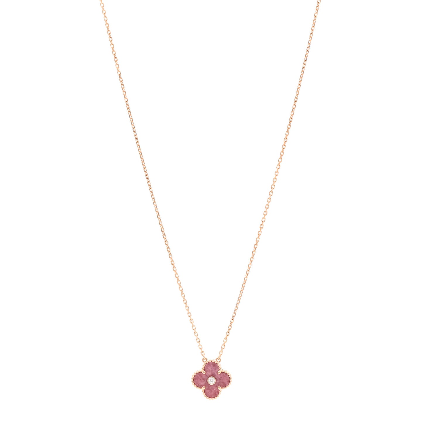 18K Rose Gold Diamond Rhodonite Vintage Alhambra Pendant Necklace
