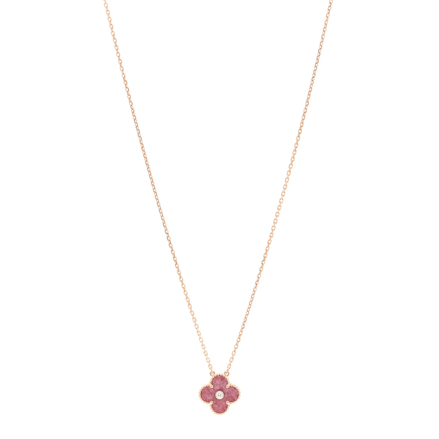Van Cleef & Arpels 18K Rose Gold Diamond Rhodonite Vintage Alhambra Pendant Necklace 1 of 6