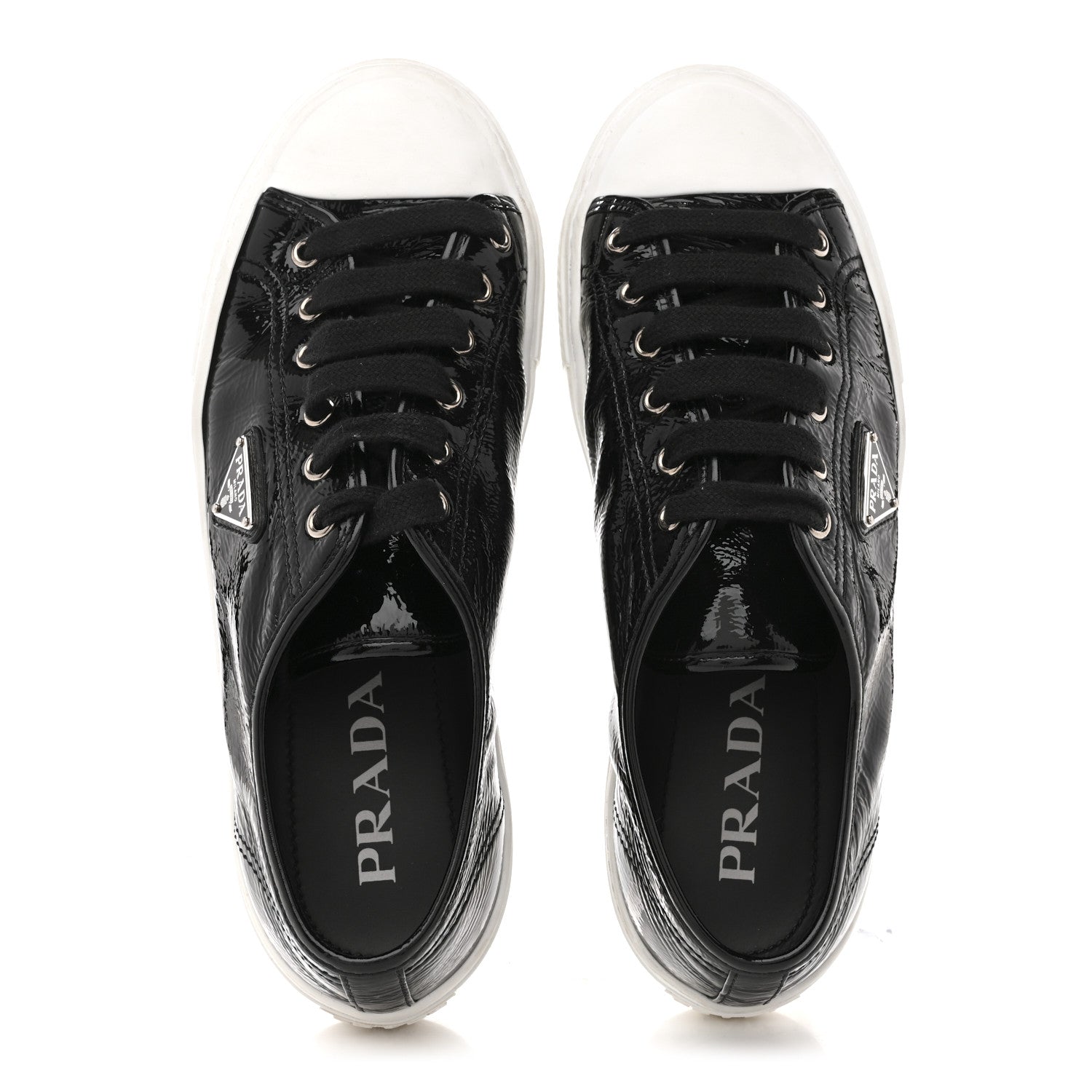 Prada Patent Naplak Triangle Logo Womens Low Top Sneakers 40 Black White 2 of 10
