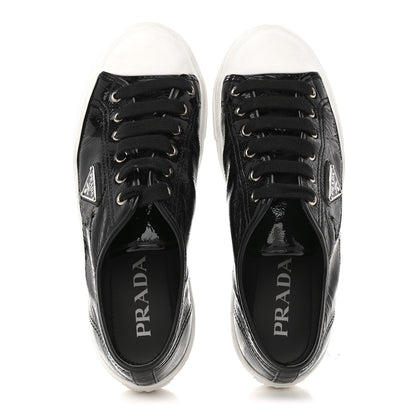 Prada Patent Naplak Triangle Logo Womens Low Top Sneakers 40 Black White 2 of 10