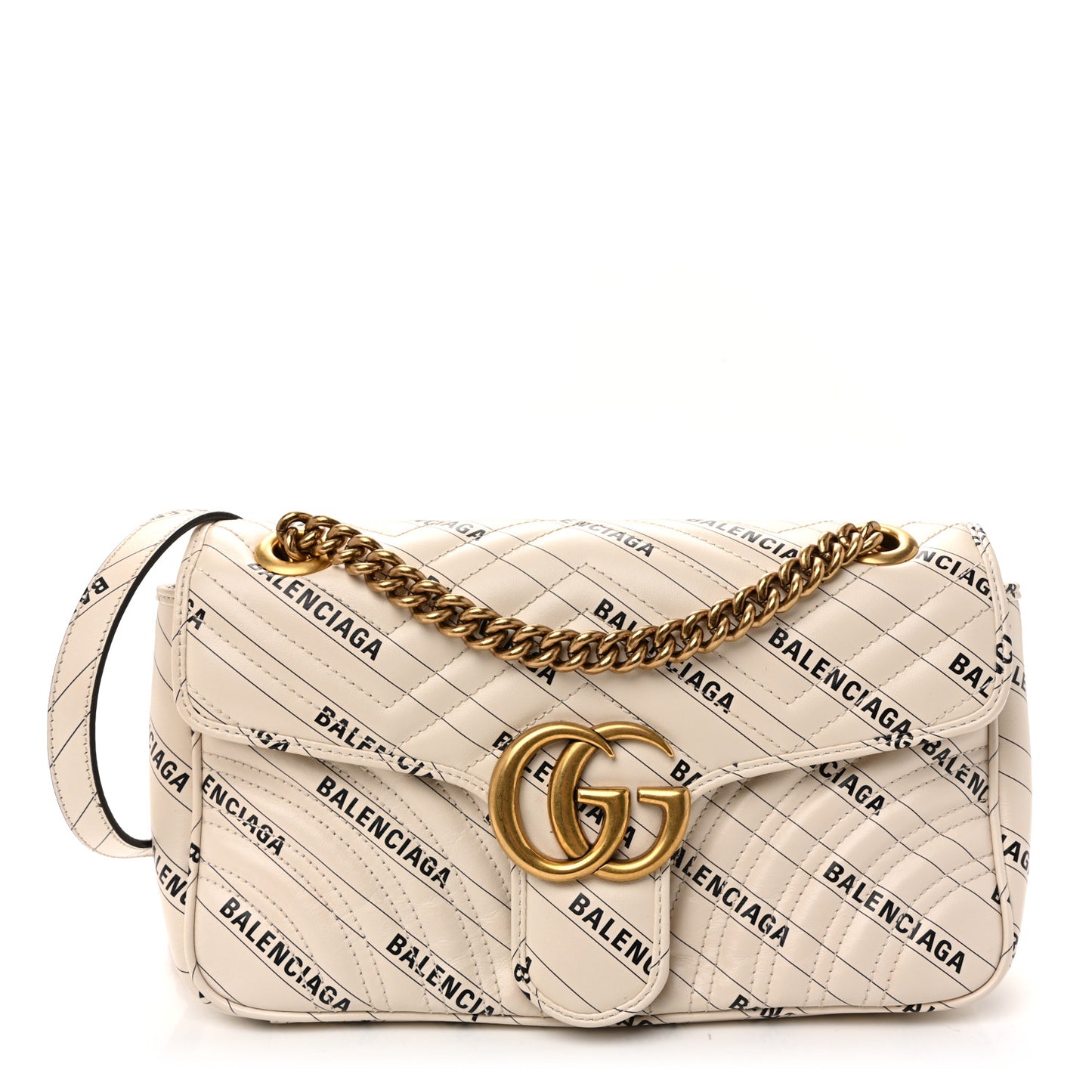 X BALENCIAGA Calfskin Matelasse Logo Print Small GG Marmont Shoulder Bag White