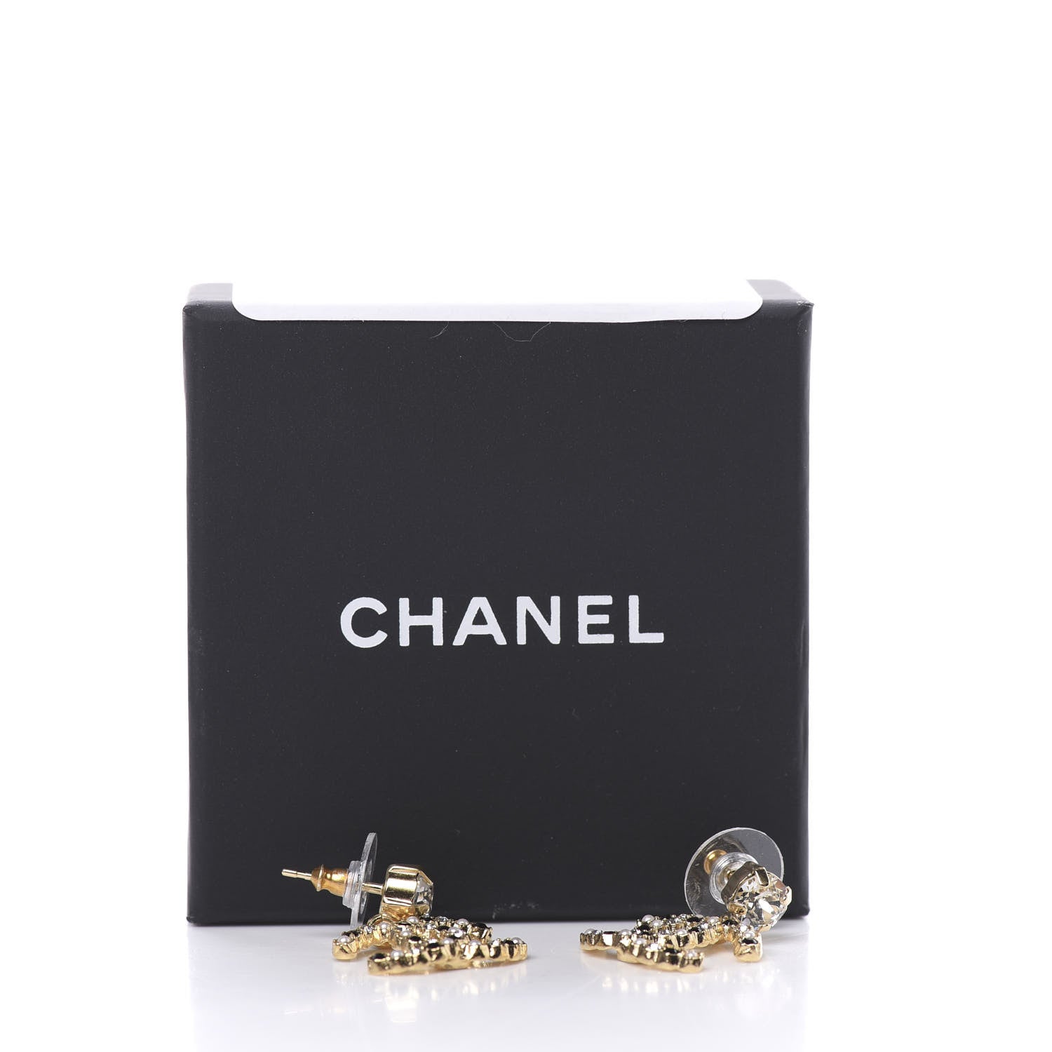 Chanel Resin Crystal Pearl CC Drop Earrings Gold Black 5 of 5
