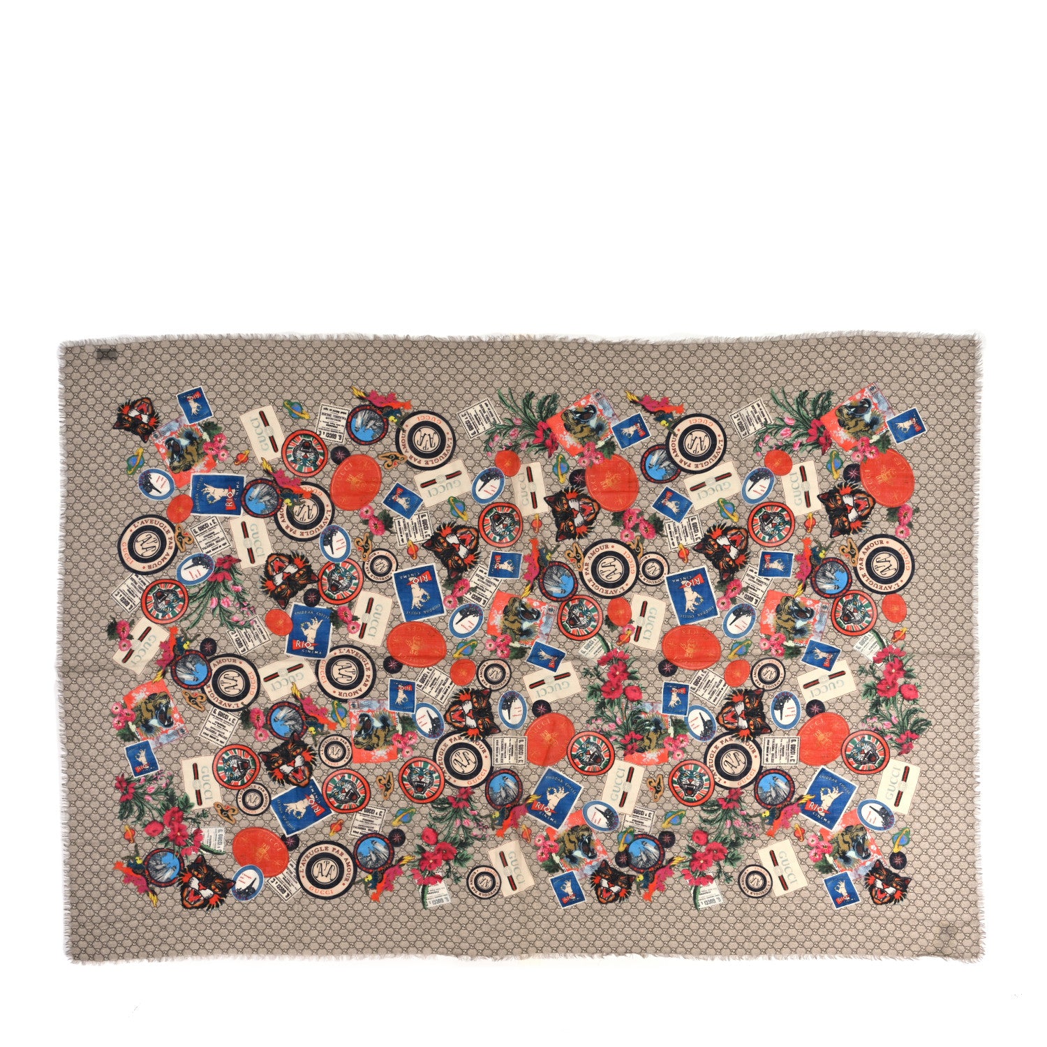 Gucci Wool Monogram Courrier Fringe Shawl Beige Light Brown 1 of 3
