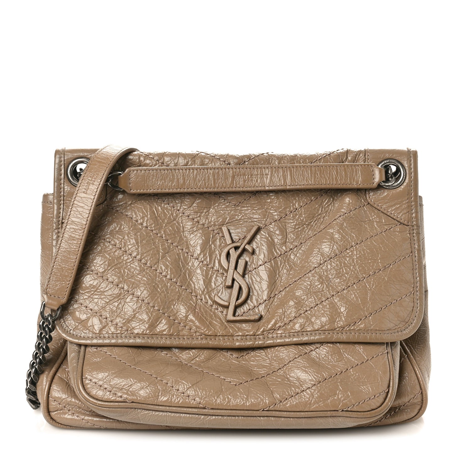 SAINT LAURENT Crinkled Calfskin Matelasse Monogram Medium Niki Chain Satchel Gold Sand