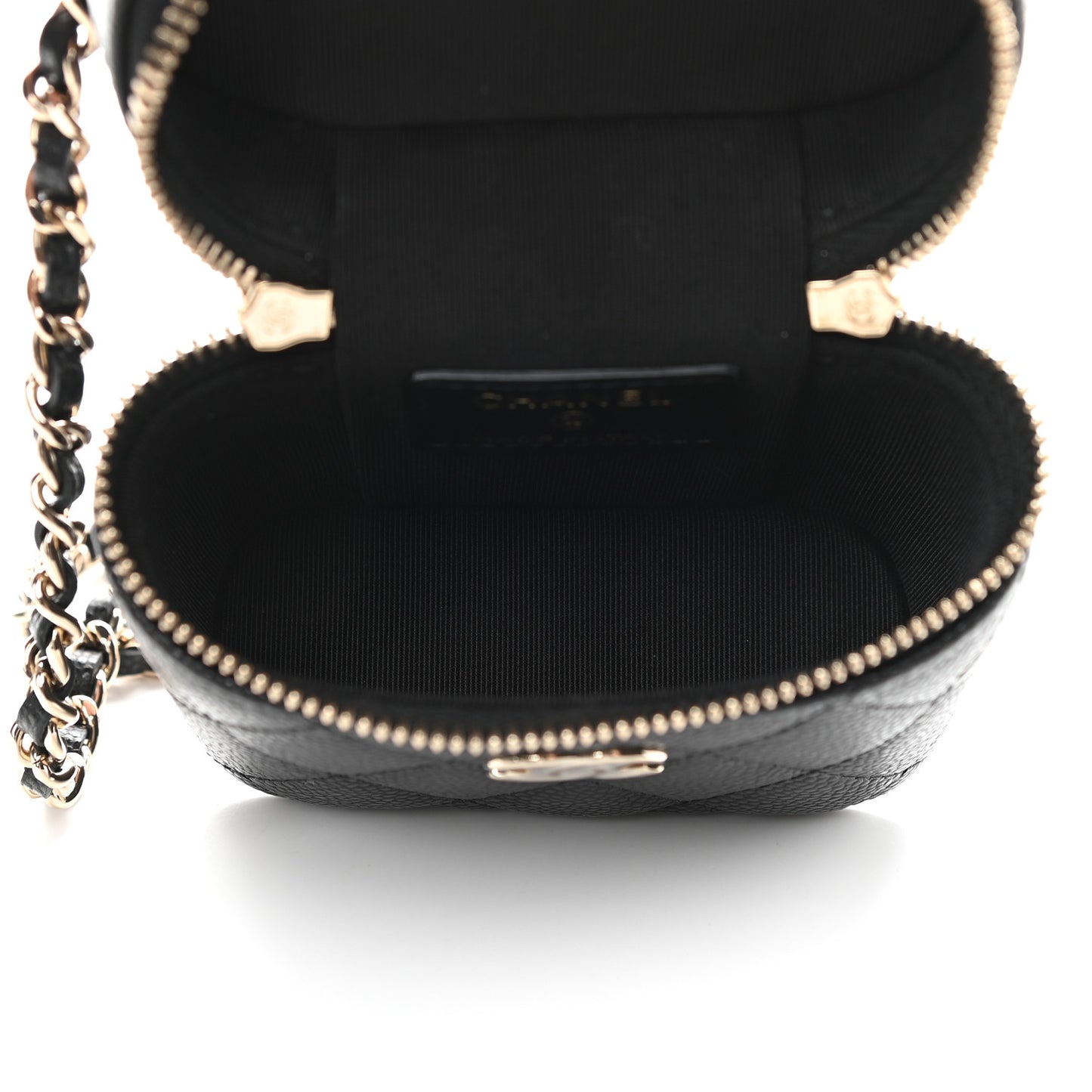 Caviar Quilted Small Handle With Care Vanity Case With Chain Black
