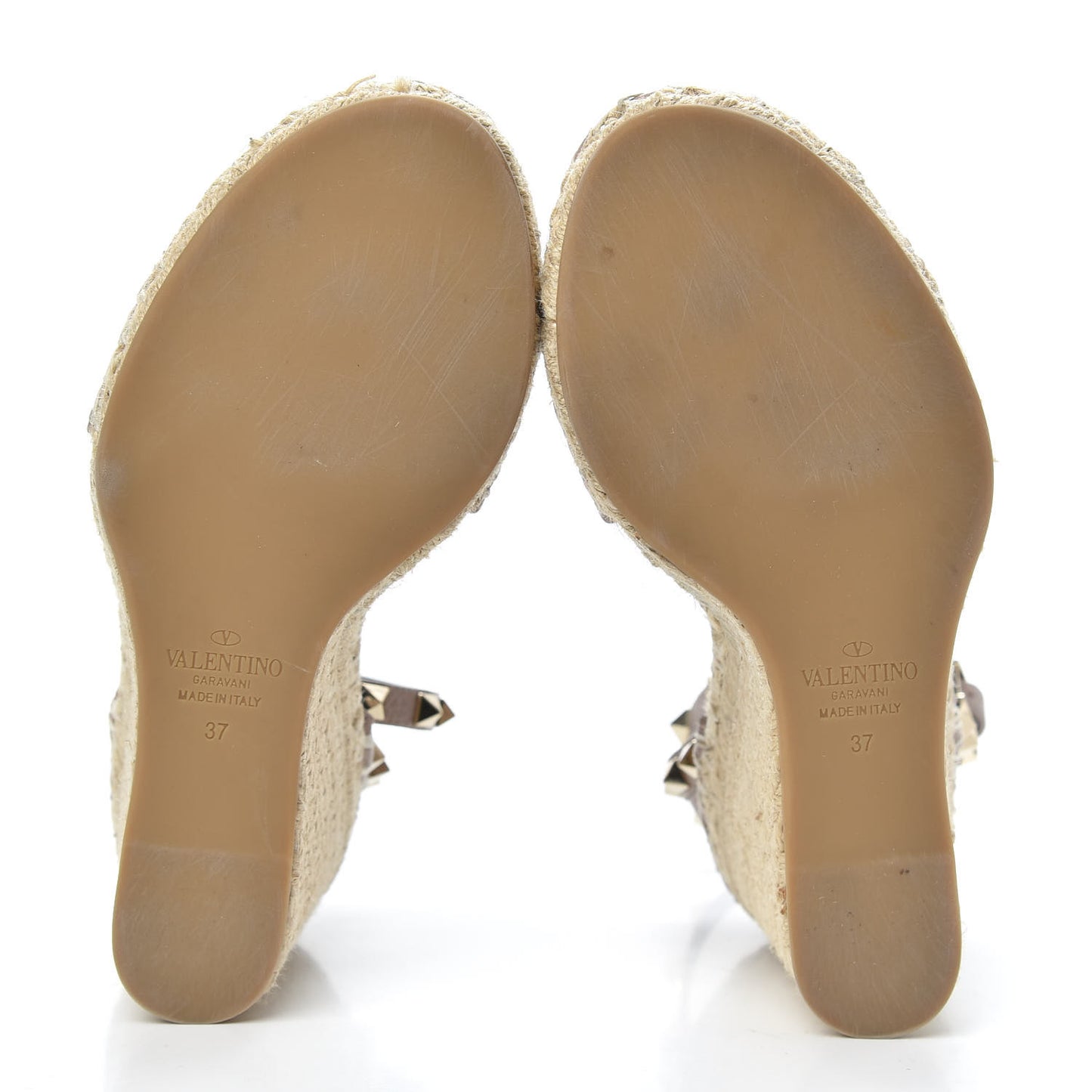 Grained Calfskin Rockstud Ankle Strap Espadrille 15/105mm Wedge Sandals 37 Poudre Natural