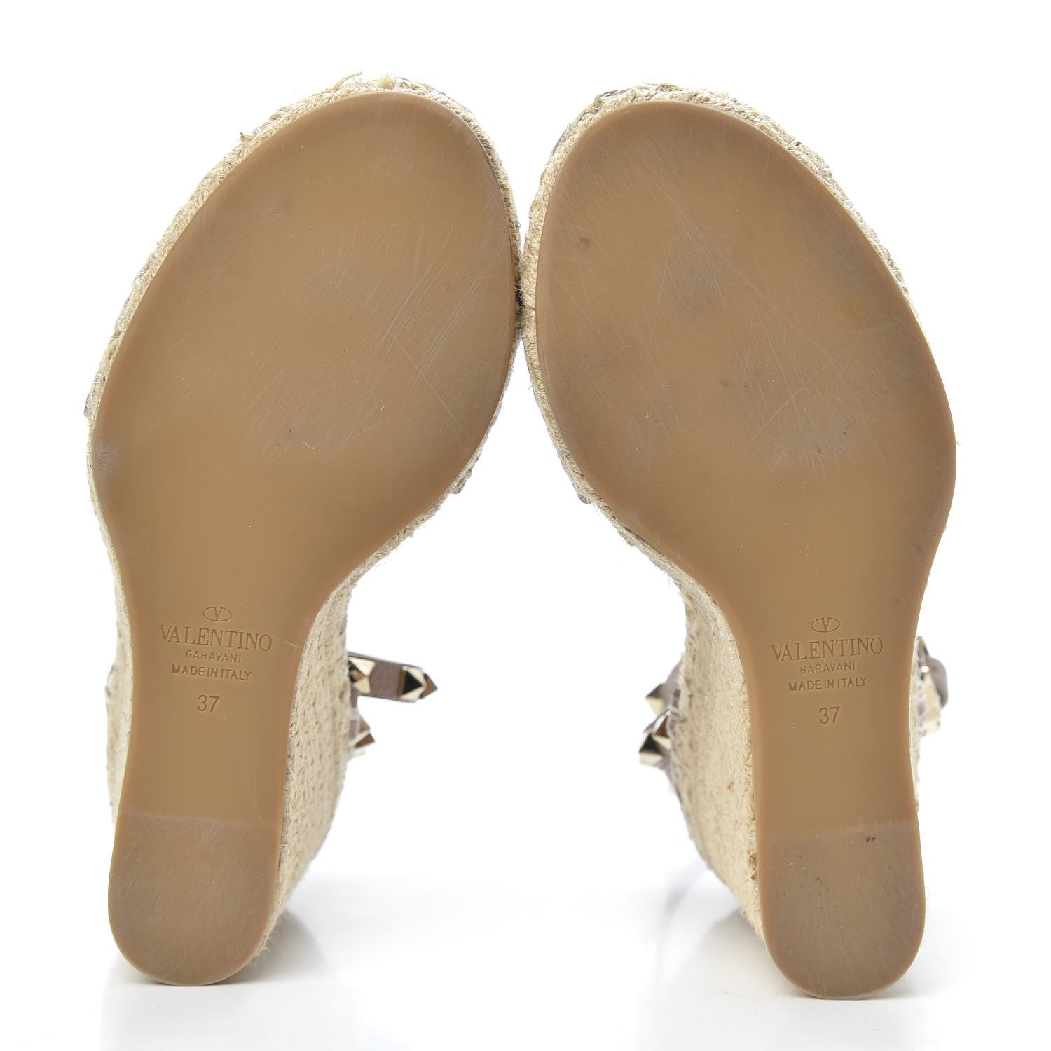 Valentino Garavani Grained Calfskin Rockstud Ankle Strap Espadrille 15/105mm Wedge Sandals 37 Poudre Natural 5 of 8