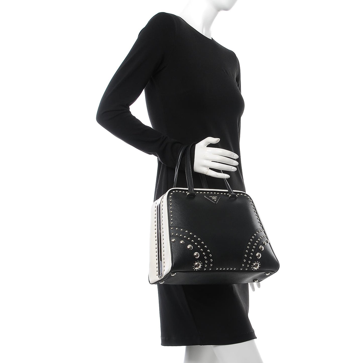 Saffiano Studded Pyramid Bag Black White