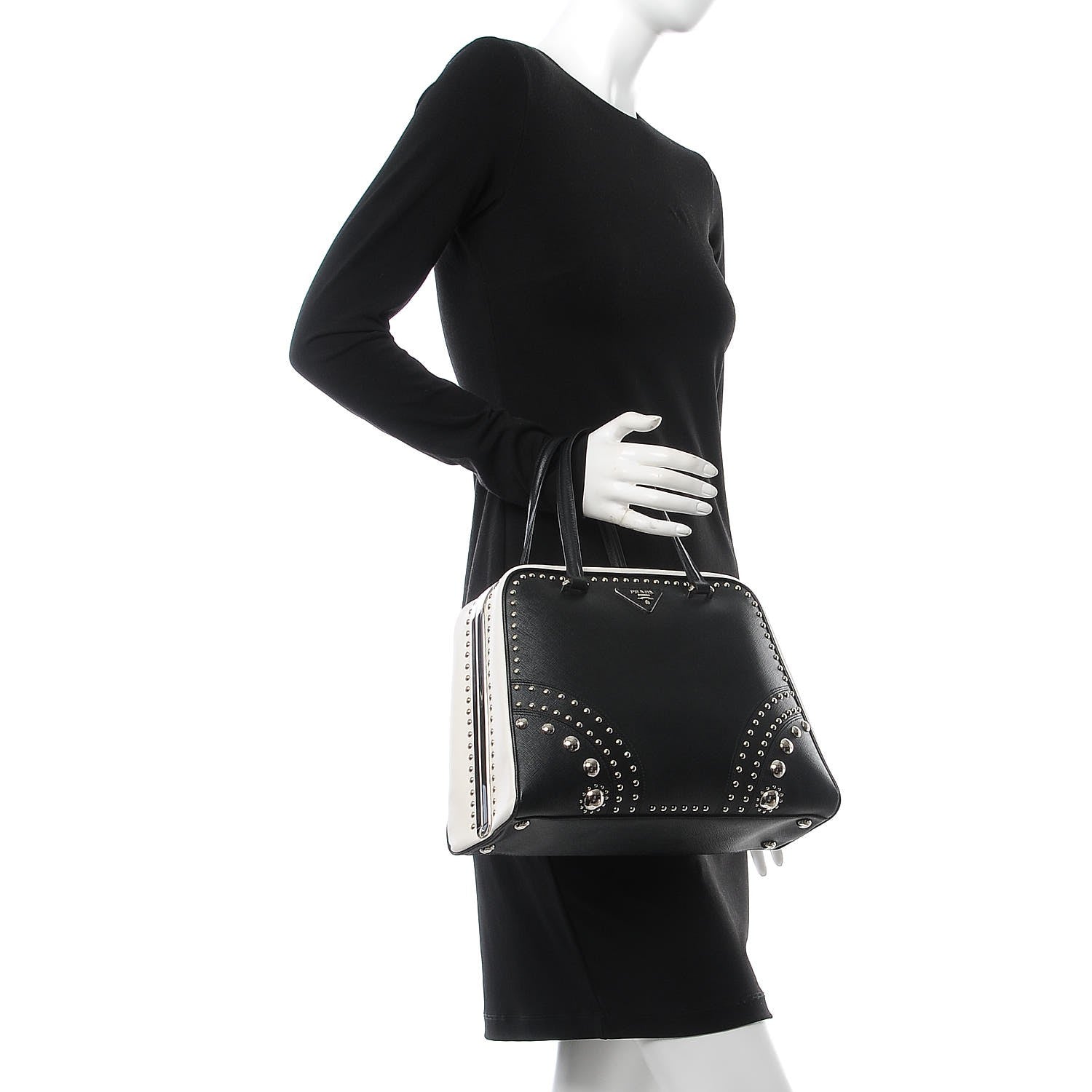 Prada Saffiano Studded Pyramid Bag Black White 2 of 9