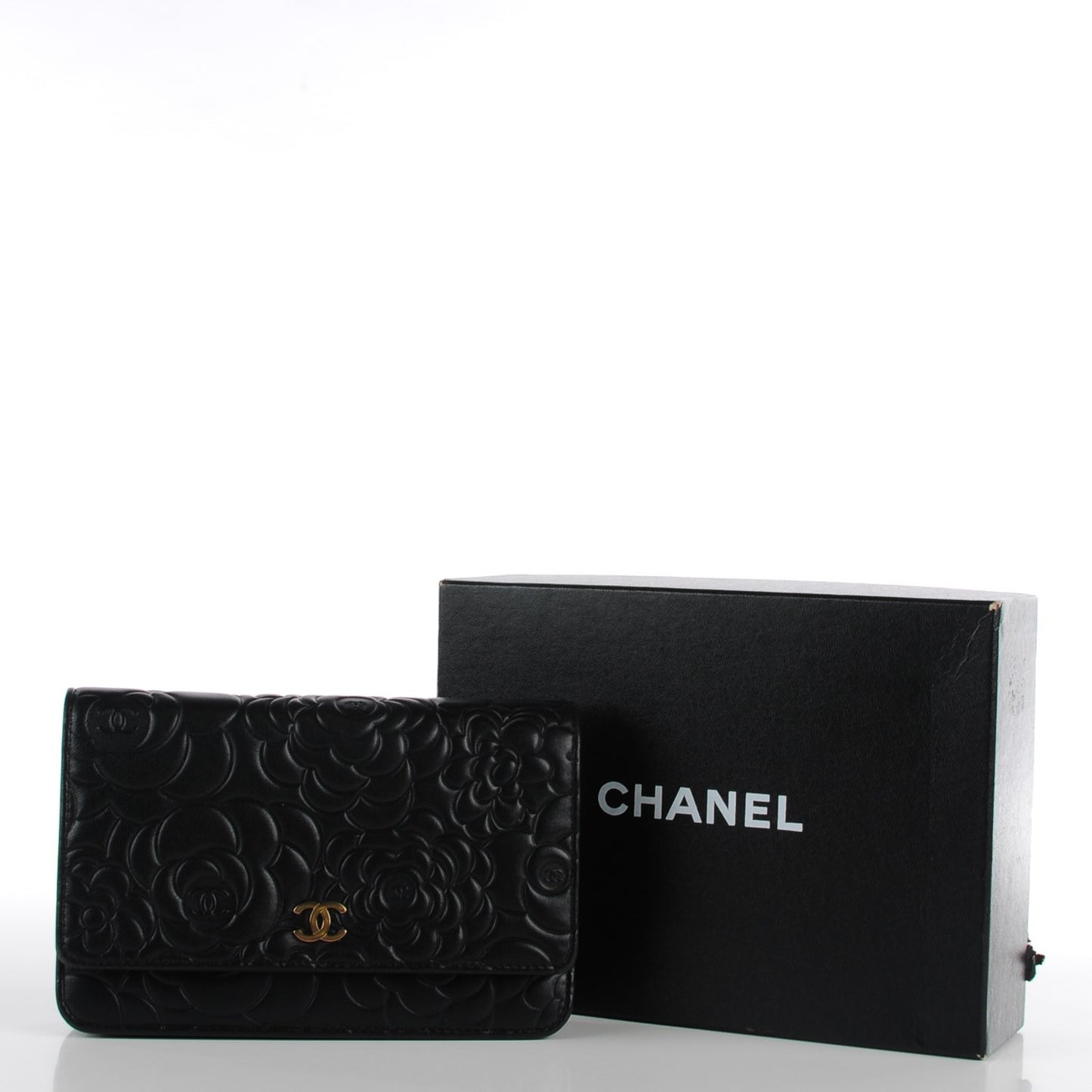 Lambskin Camellia Embossed Wallet on Chain WOC Black