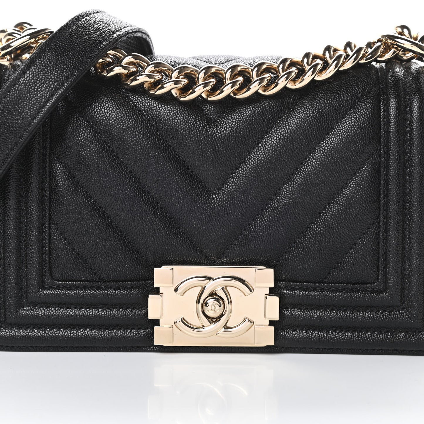 Caviar Chevron Quilted Small Boy Flap Black