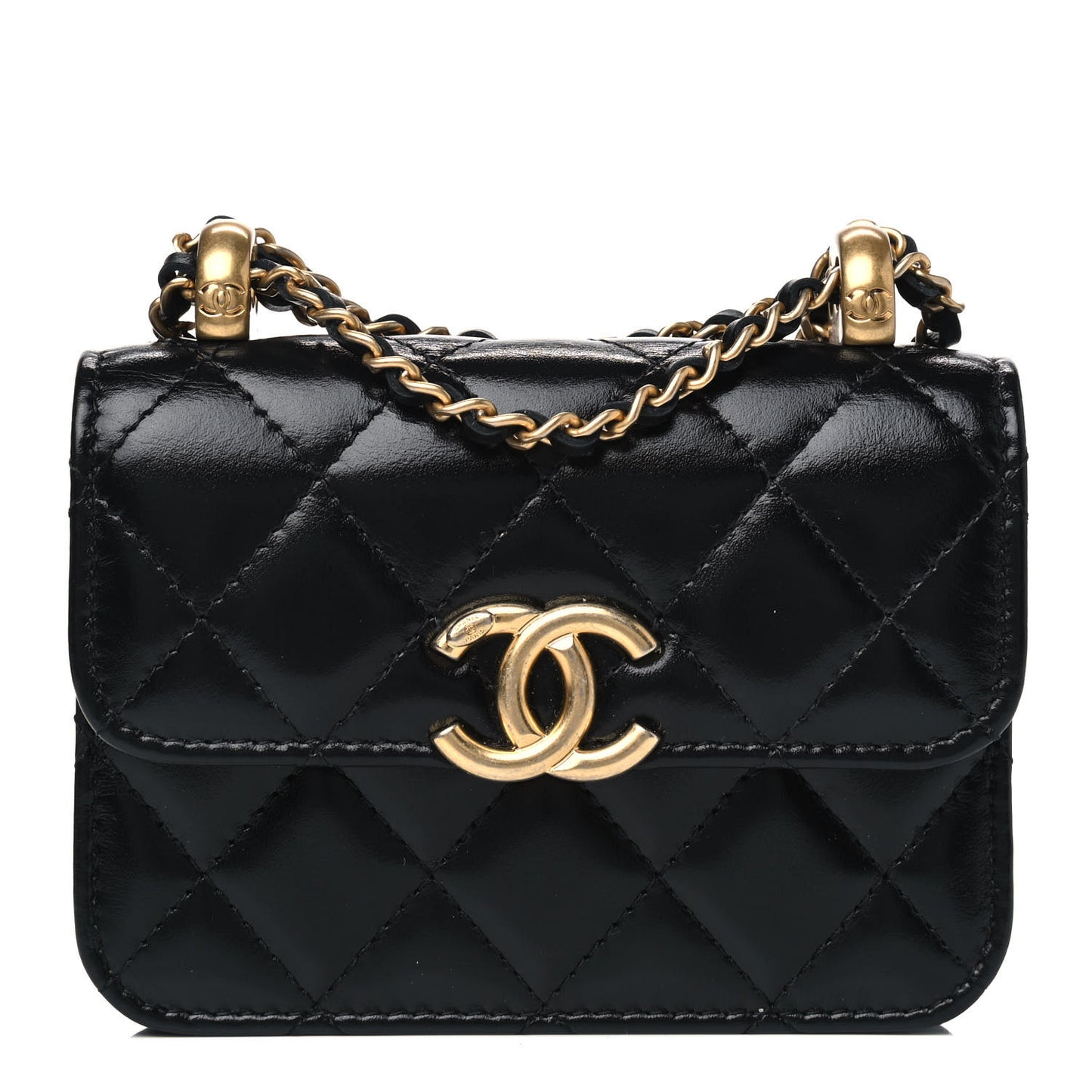 Calfskin Quilted Perfect Fit Coin Purse With Chain Black