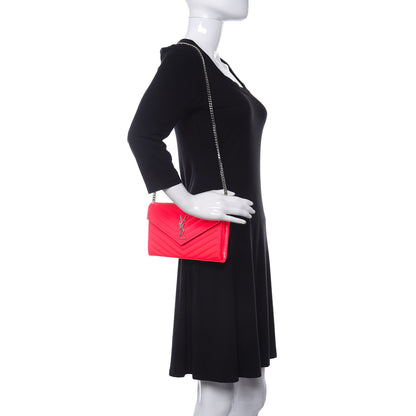 Saint Laurent Patent Grain De Poudre Matelasse Chevron Monogram Chain Wallet Neon Pink 2 of 9